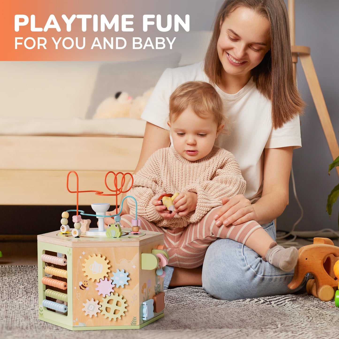 ROBOTIME Wooden Activity Cube for Toddlers, 13 in 1 Montessori Baby Activity Cube, Baby Play Cube Toy with Educational Features, Gift Wooden Cube Toy for Boys & Girls - 1 Year +