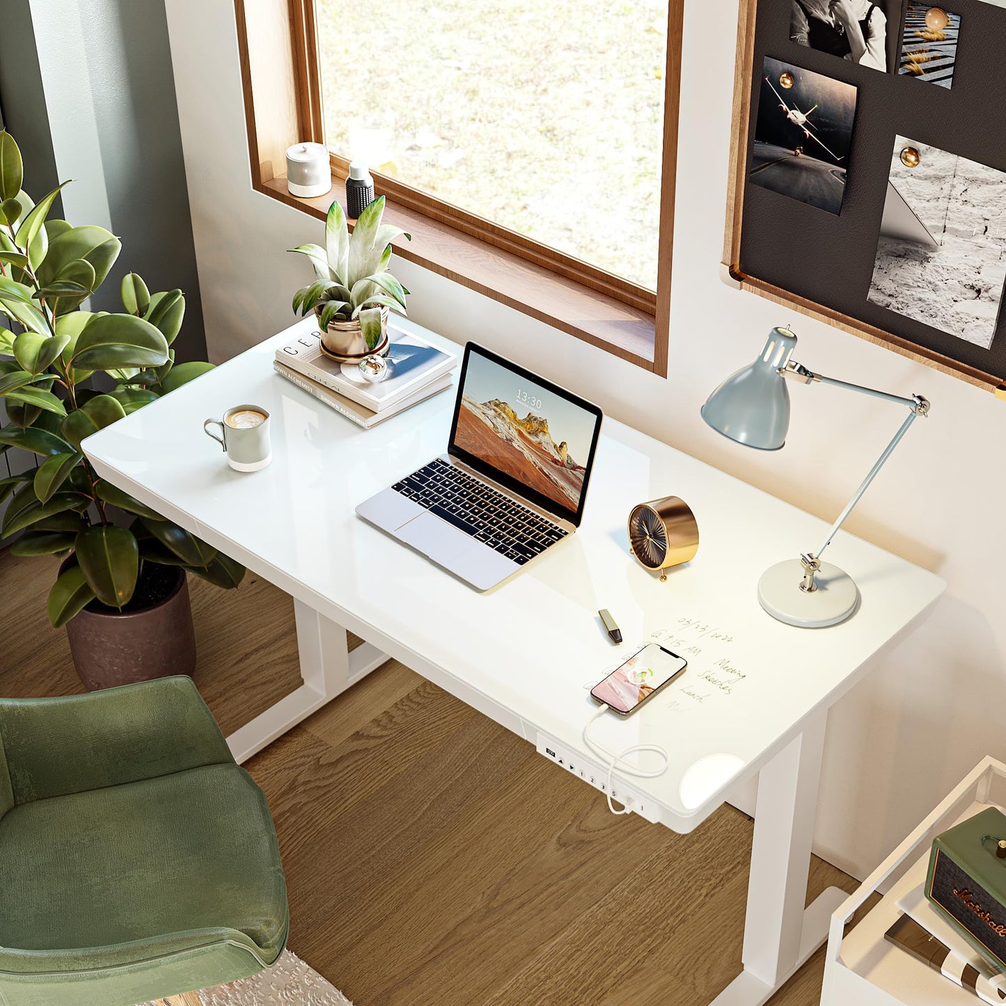 BANTI Electric Standing Desk with Drawers, 55 inch Whole-Piece Glass Desktop, Height Adjustable Stand up Sit Stand Home Office Ergonomic Workstation, White Tabletop