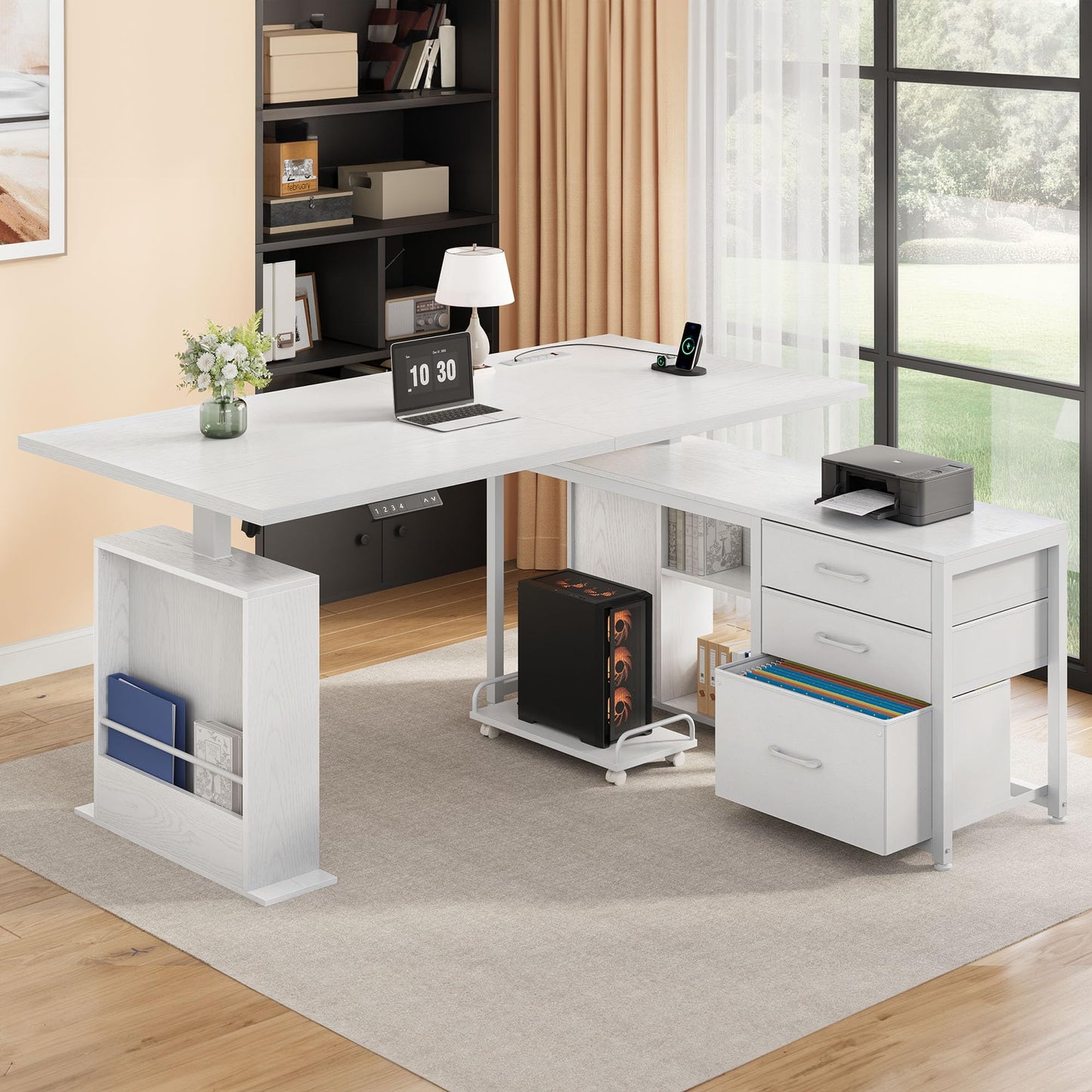 Homiflex 63" L Shaped Standing Desk with 3 Drawers Electric Adjustable Height Desk Corner Standing Desk with Storage Computer Game Desk with Power Outlets Computer Tower Stand for Home Office, White