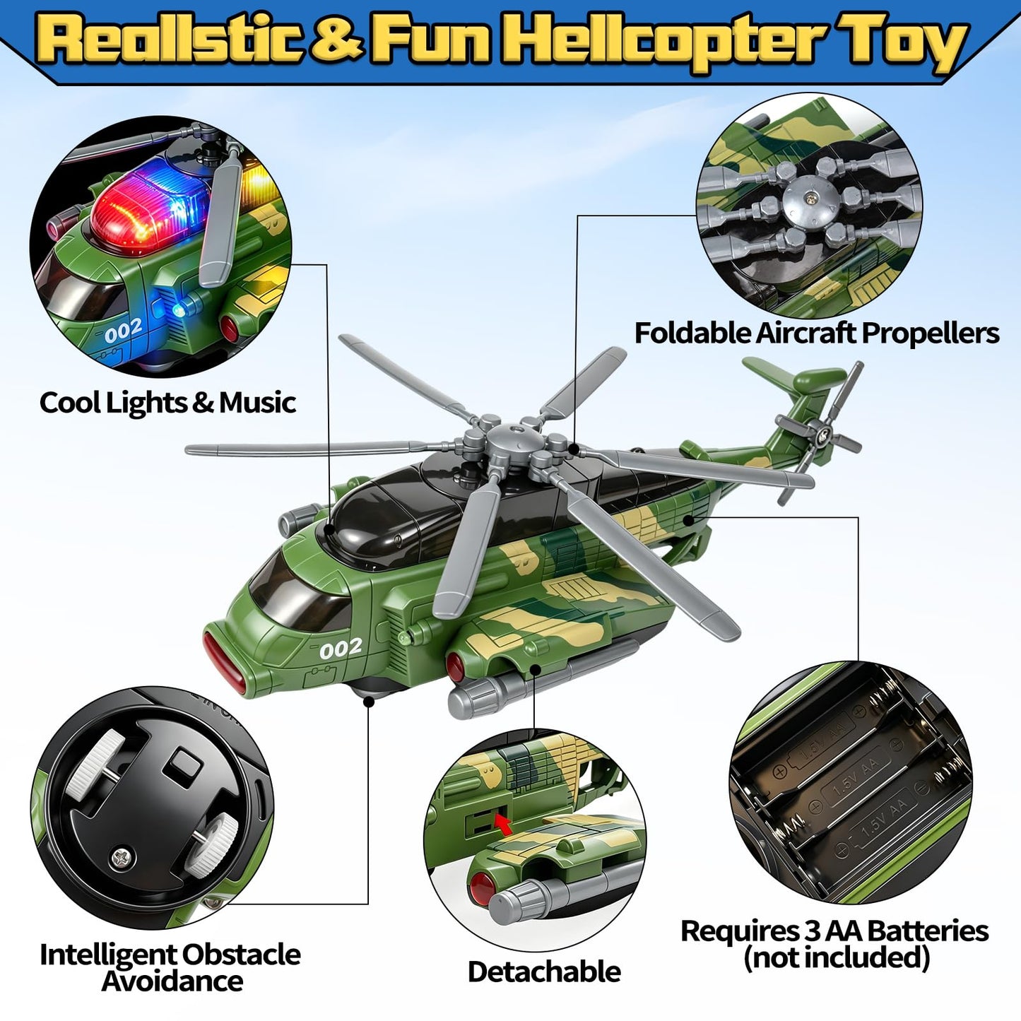 Hymaz Helicopter Toy for Kids 3-5 4-7, Army Military Plane Toy with Lights and Music, 360° Rotating, Bump and Go Airplane Toys for Boys Girls Toddlers Indoor Play Birthday Easter Gifts