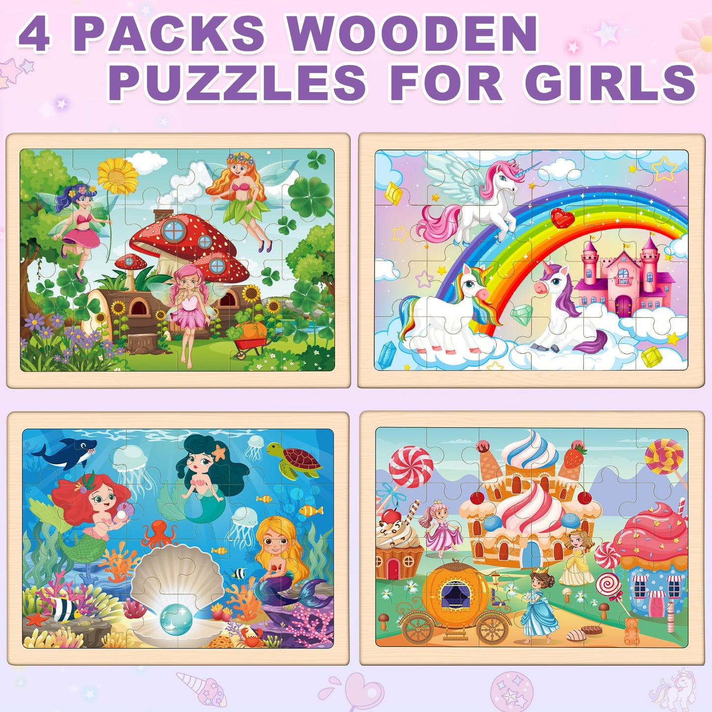 Wooden Princess Puzzles for Kids Age 3 4 5 Year Old, 4 Pack 24 Pcs Montessori Toddler Jigsaw Puzzles for Girl boy Activities Preschool Learning Educational Birthday Gift Travel Autistic Wooden Toys