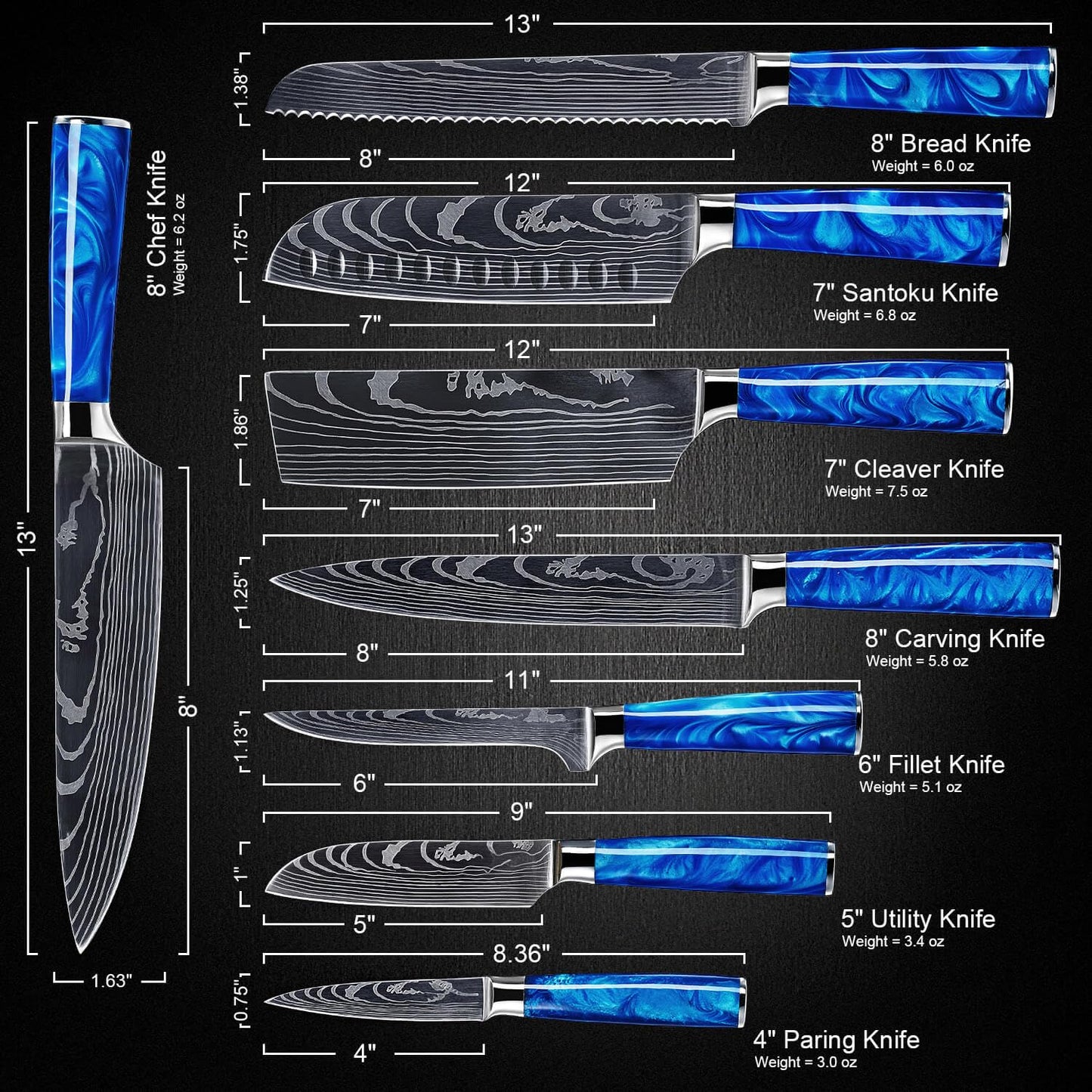SENKEN 8-Piece Japanese Knife Set - Blue Resin Handle, Laser Damascus Blades - Chef's, Santoku, Bread & Paring Knives