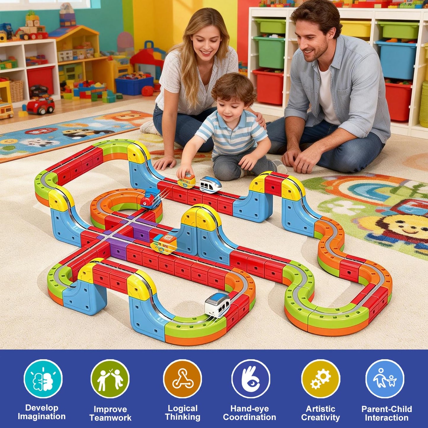 3D Infinity Track with Electric Train Set for Kids, Magnetic Monorail Cube Tracks, Magnet Railway Builder, Gravity Defying Rail Cubes Building Toy, DIY Anti-Gravity Flexible Race Track (Starter Set)
