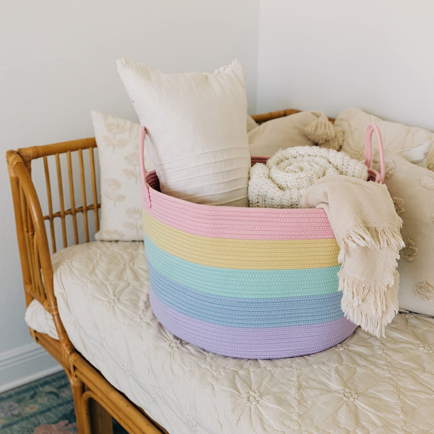 OrganiHaus Rainbow Blanket Basket for Classroom & Nursery, Extra Large Woven Laundry Basket w/Handles, Kids Toy Organizer & Storage, Soft Round Dog Toy Storage Bin, Cute Bin - 20"x13" in