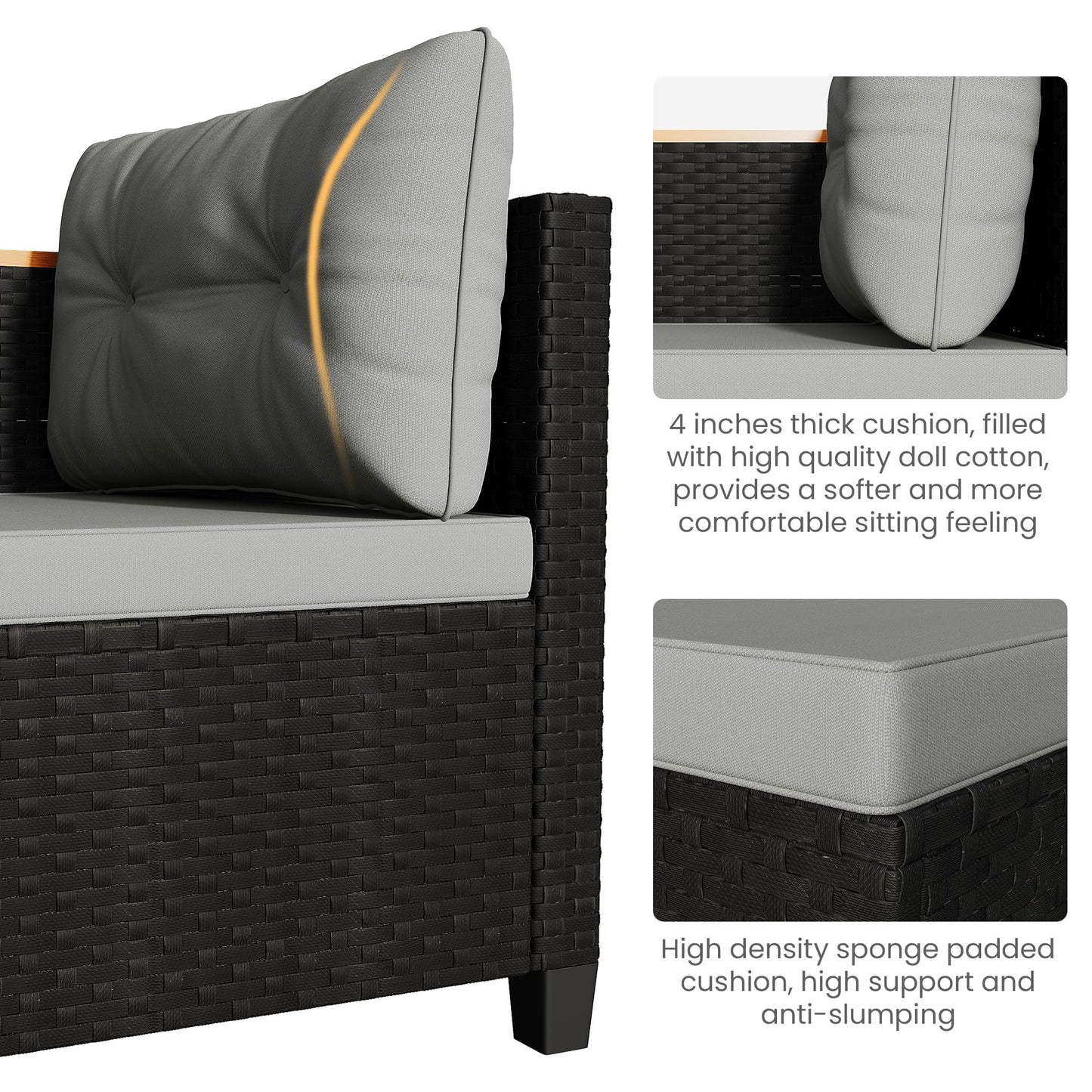 Green4ever 3-Piece Outdoor Patio Furniture Set, All-Weather PE Rattan Small Patio Sectional Sets with Storage Table, L Shaped Outdoor Couch with Cushions, Small Patio Sofa for Balcony Garden, Grey