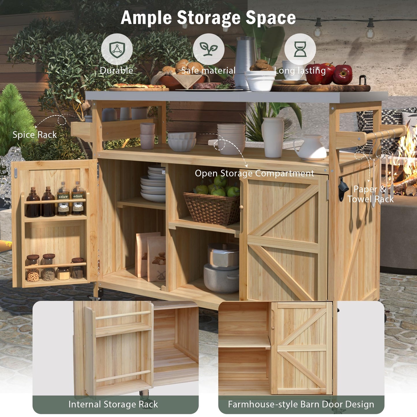 Ball & Cast Outdoor Kitchen Island,Rolling Bar Cart & Storage Cabinet,Farmhouse Solid Wood Outdoor Grill Table with Stainless Steel Top,Spice and Towel Rack,for Kitchen,Barbecue,Natural,50.25"