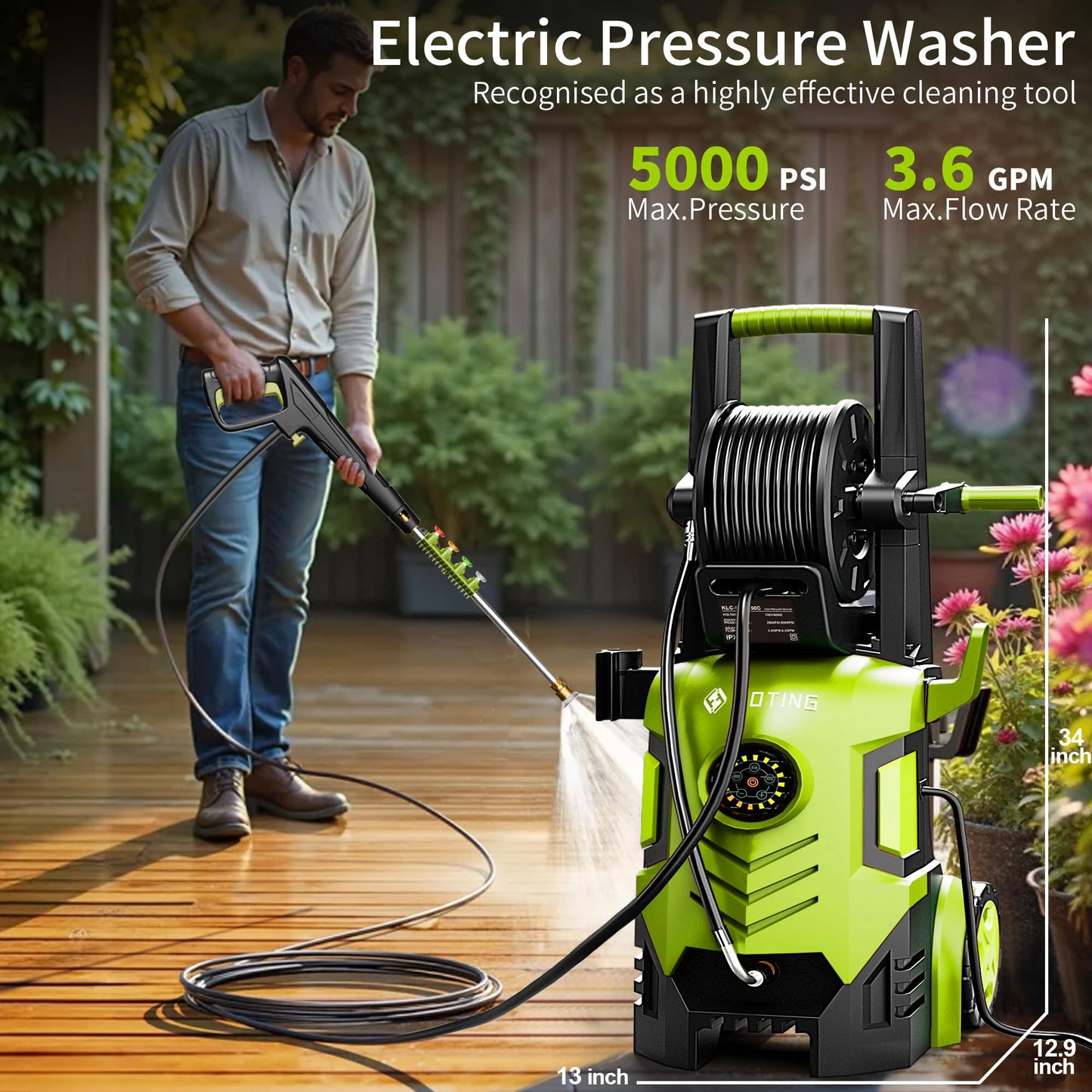 2026new Pressure Washer 5000PSI with Adj-8-Level Touch Screen, 34" Tall Power Washer, 4 Quick Connect Nozzles, Inlet Hose&Filter&500mlFoam Cannon for Cars/Fences/Driveways,Yellow
