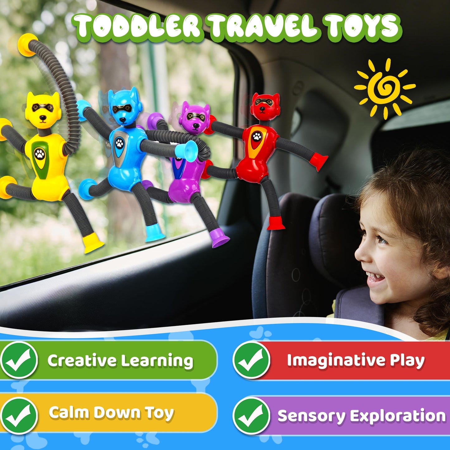 Easter Basket Stuffers for Classroom Boys Robot Dog Sensory Pop Tube for Toddler Kid 4PC Travel Toys Airplane Car Toy Activities Autistic Road Trip Suction Tube for Boy 3 - 8 ADHD Autism Valentine Day