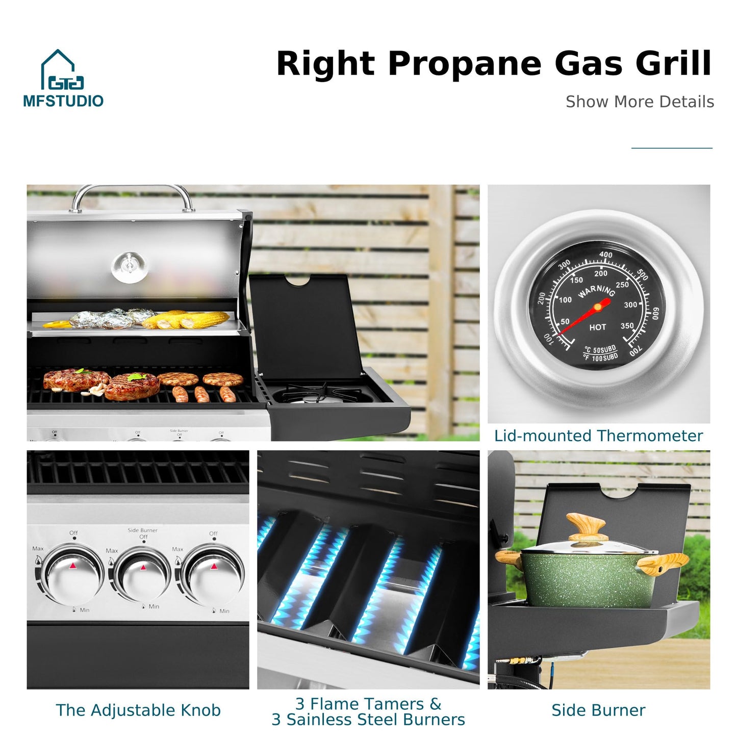 MFSTUDIO 3 In 1 Gas and Charcoal Grill Combo with Side Burner, Porcelain-Enameled Cast Iron Grate, Extra Large Dual-Function BBQ Propane Grills for Outdoor Barbecue Cooking, 690 SQIN Cooking Area