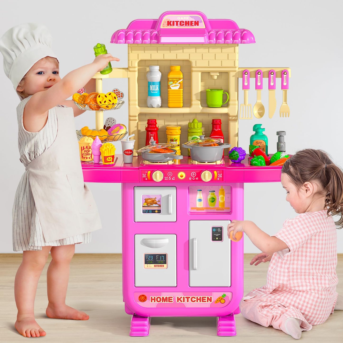 MSKOLER Play Kitchen Playset, Girls Kitchen Toys for Ages 2-6 4-8 with Light, Sound and Spraying, Sink Toy Accessories, Cooking Stoves, Pretend Food for Toddlers 1-3 3-5