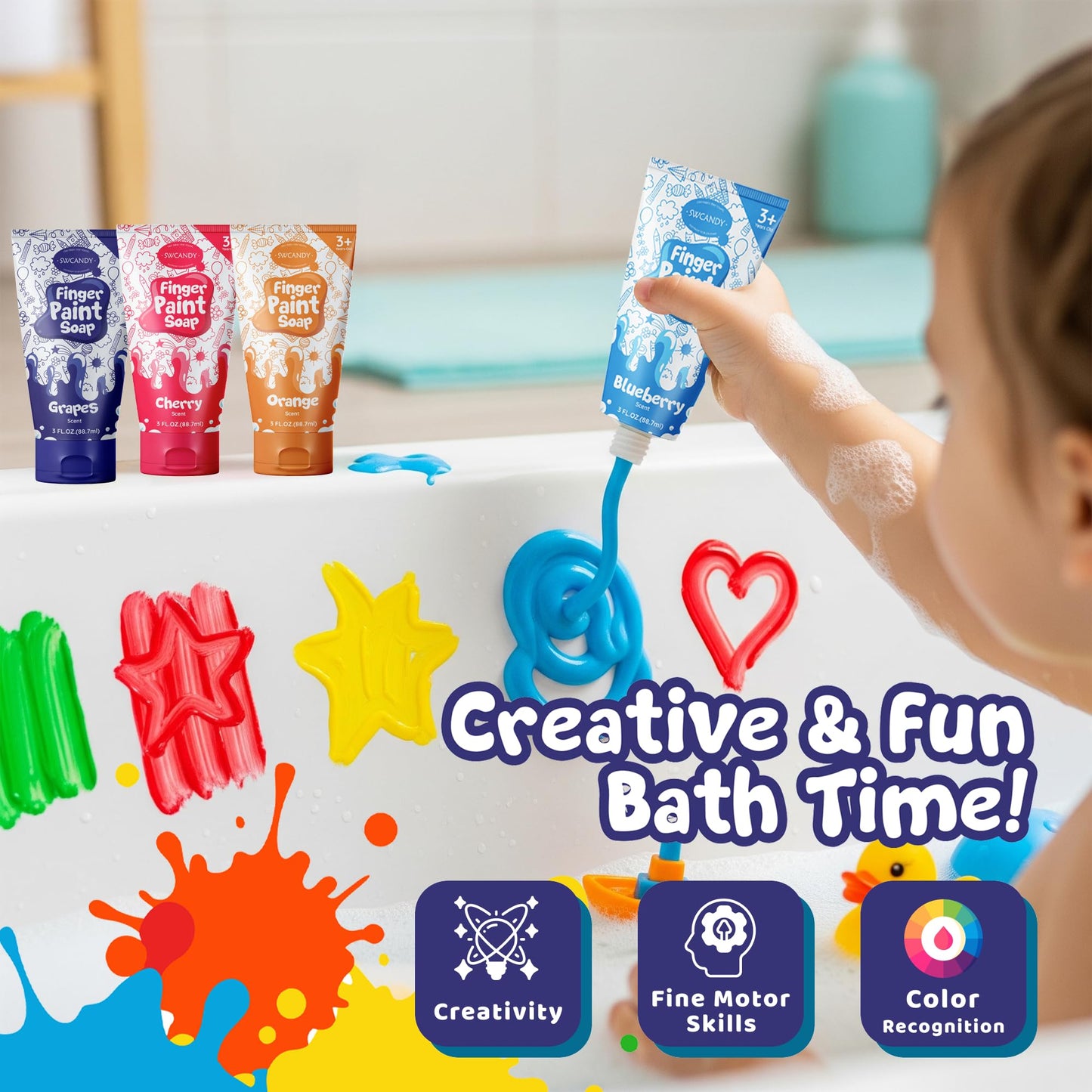 SWCANDY Bath Paint Soap Toys Kids Toddler 6 Pack Non-Toxic Washable Bathtub Paint for Finger Painting on Tub Walls Toy for Creative Play Fun Bath Art