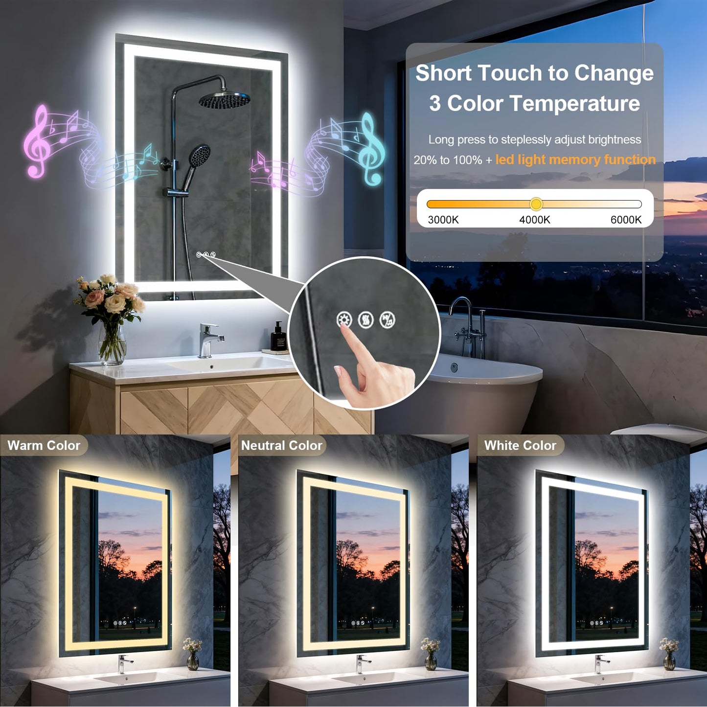 Olyvren 24"x32" LED Bathroom Mirror with Lights,Bluetooth Dual Speaker,Anti-Fog,3 Color Temperature,Dimmable Brightness,Memory Function,Waterproof,Wall Mount Design,Tempered Glass