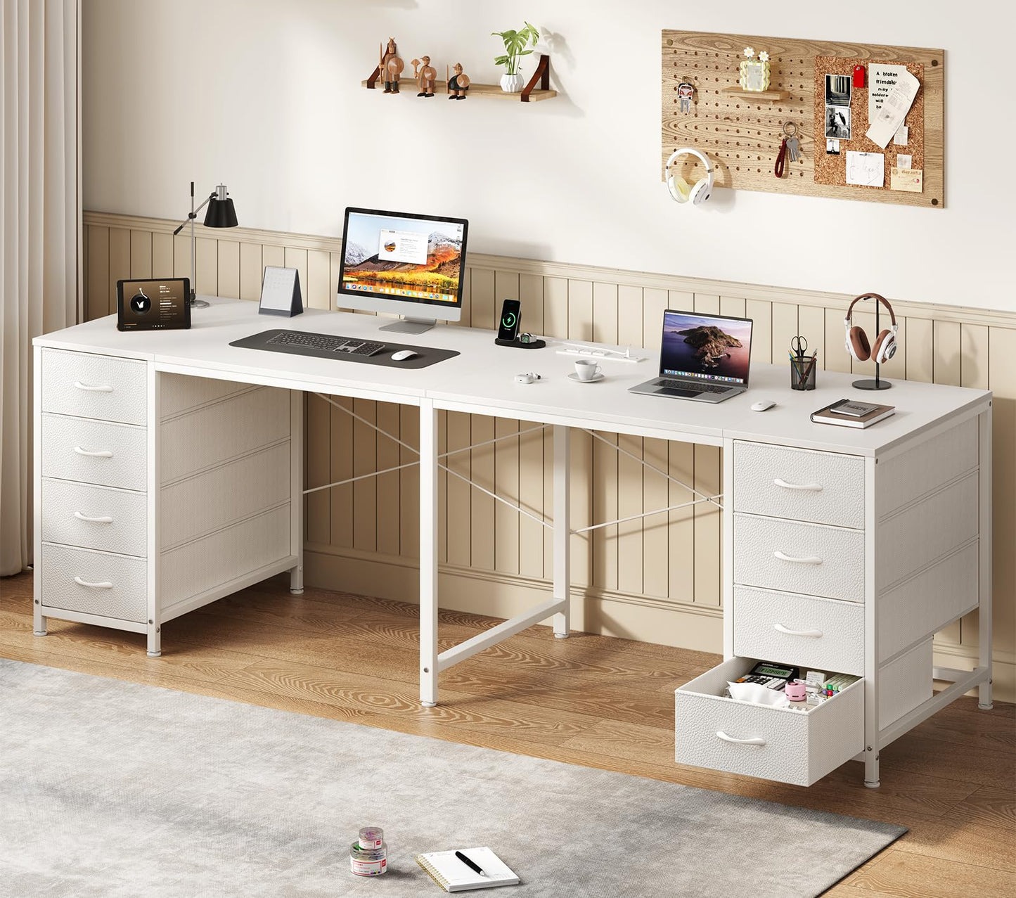 TVU 2 Person Desk with 8 Drawers, Large Home Office Computer Desk with Power Outlets, 78 Inch Long Double Desks for Two People, White