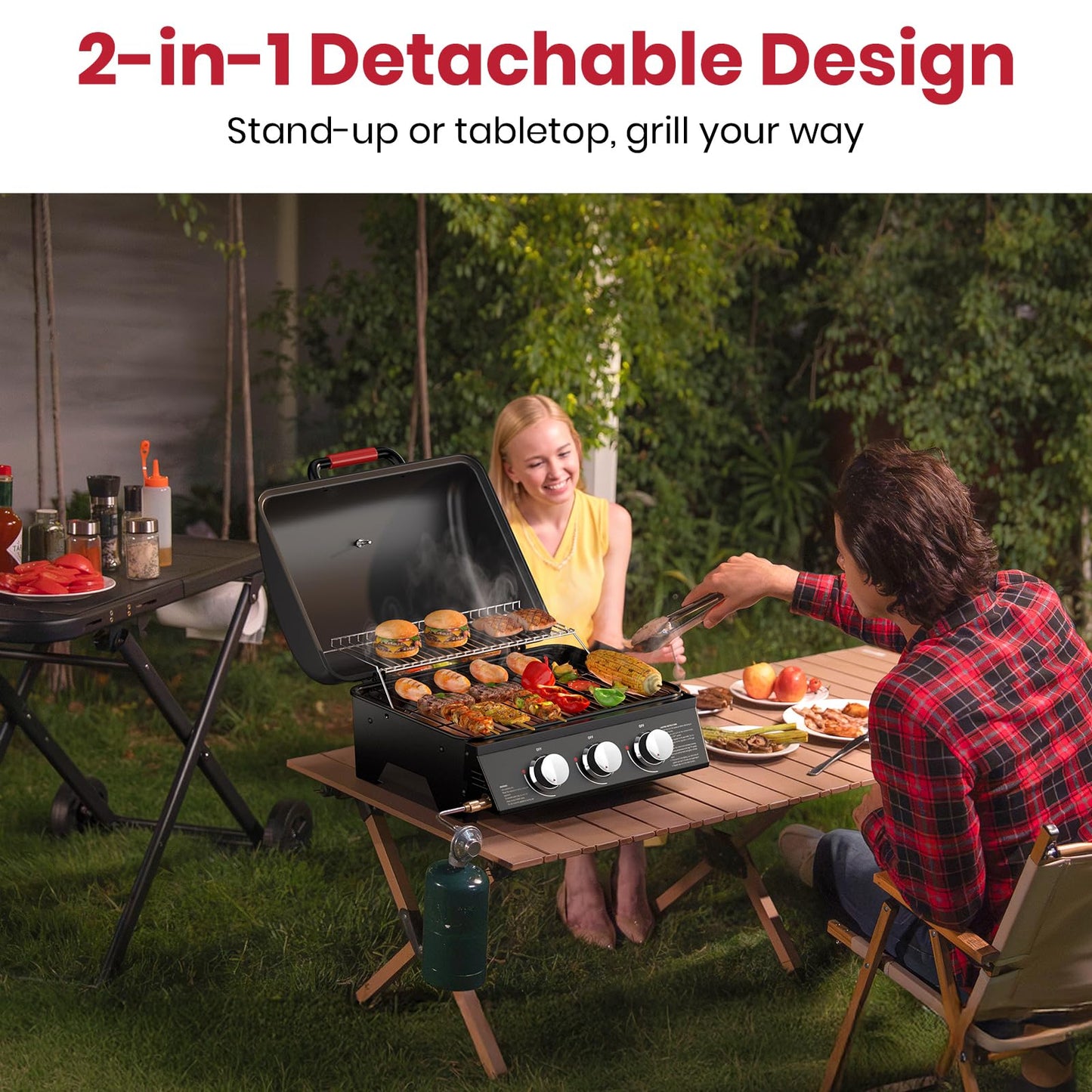 Laudlife 3-Burner Portable Gas Grill with 30,000 BTU, 320 SQ.IN Detachable Propane Grills, Non-Stick Porcelain Grate, Built-in Thermometer, Quick-Fold Design for Camping, Tailgating & Outdoor BBQ