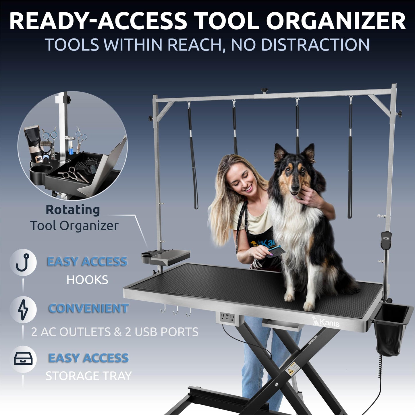 KANIS Professional Electric Dog Grooming Table - Heavy Duty, Height Adjustable Pet Grooming Table w/Leveling Wheels, Grooming Arm, Anti Slip Tabletop & Tool Organizer/Dog Grooming Station (49", BLACK)