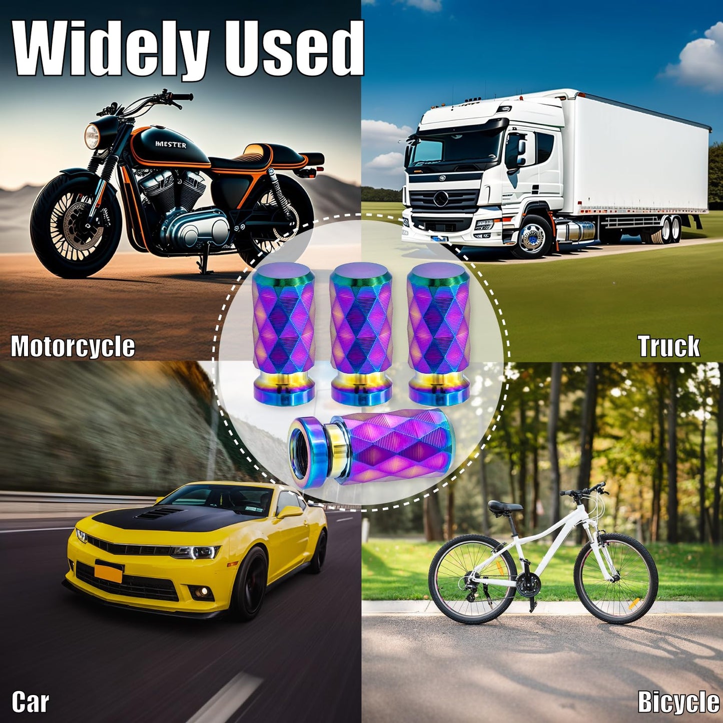 MEAJOO 4PCS Colorful Car Tire Valve Stem Cap, Leak-Proof Tyre Air Valve Caps, Aluminum Alloy Air Leakproof Valve Caps Cover fits Cars, Trucks, Bikes, Motorcycles, Bicycles Tire Caps