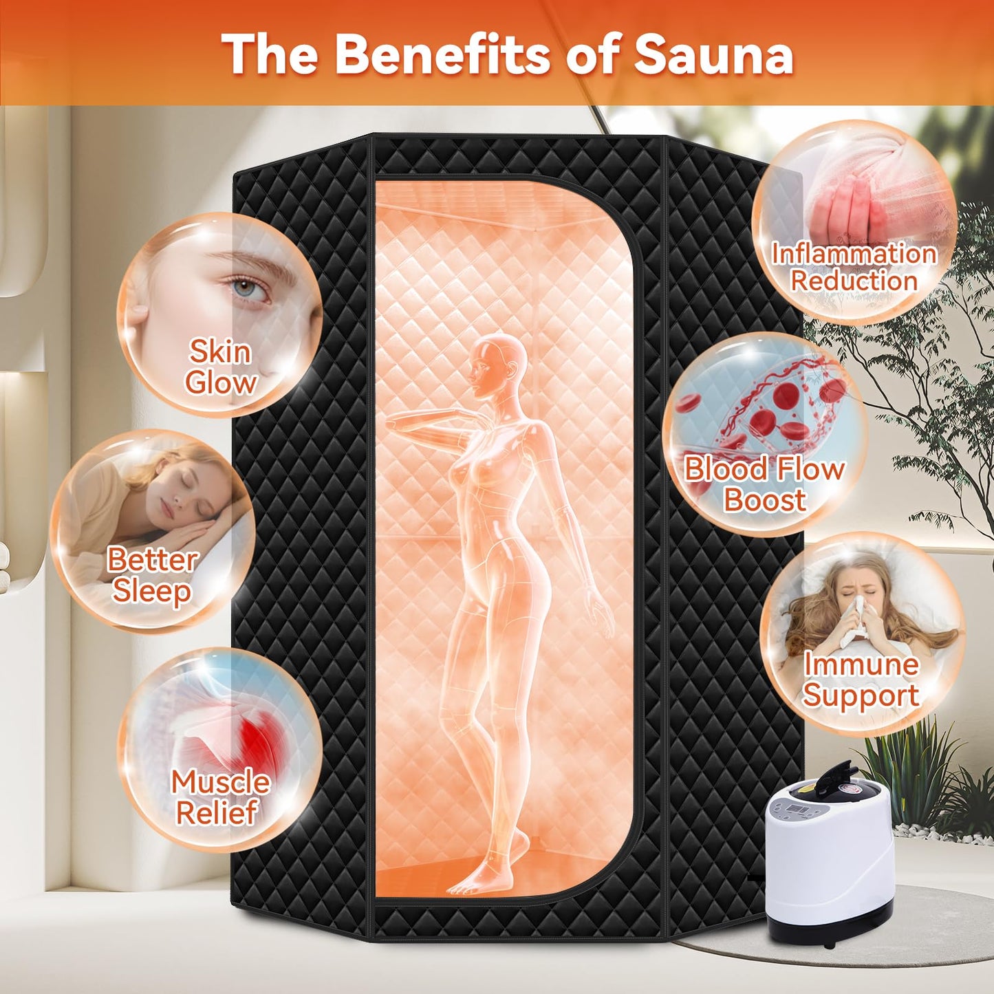 Portable Sauna for Home - Upgraded Personal Home Sauna Box with 3L 1300W Steamer, Big Folding Chair, 9 Levels Heat, Timer, Remote Control - Large Size Steam Room Saunas Tent for Relaxation & Spa Black