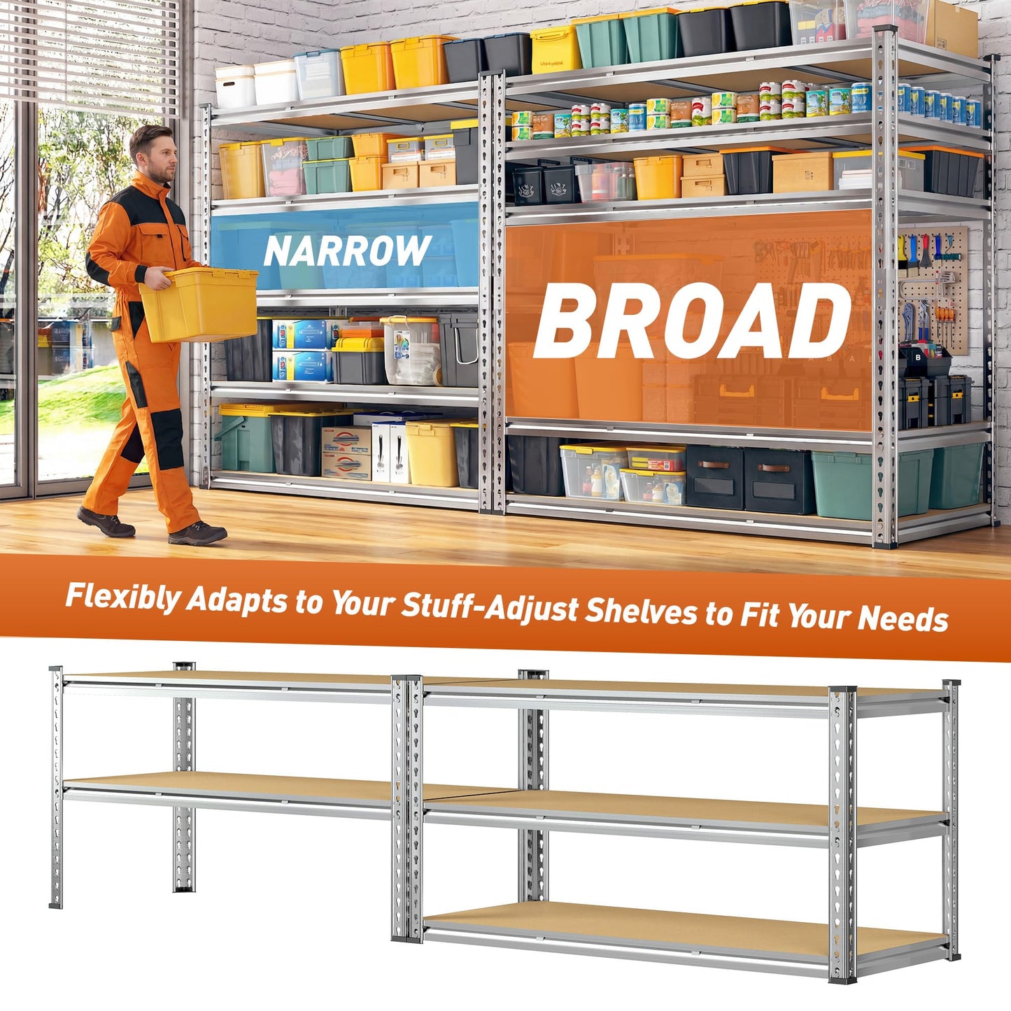 Snhomee Garage Shelving Load 3100LBS, 5-Tier Storage Shelves, Adjustable Garage Shelves, Shelving Units and Storage, Metal Shelf for Kitchen, Pantry, Warehouse, 48" W x 71.9" H x 24.1" D, Galvanized