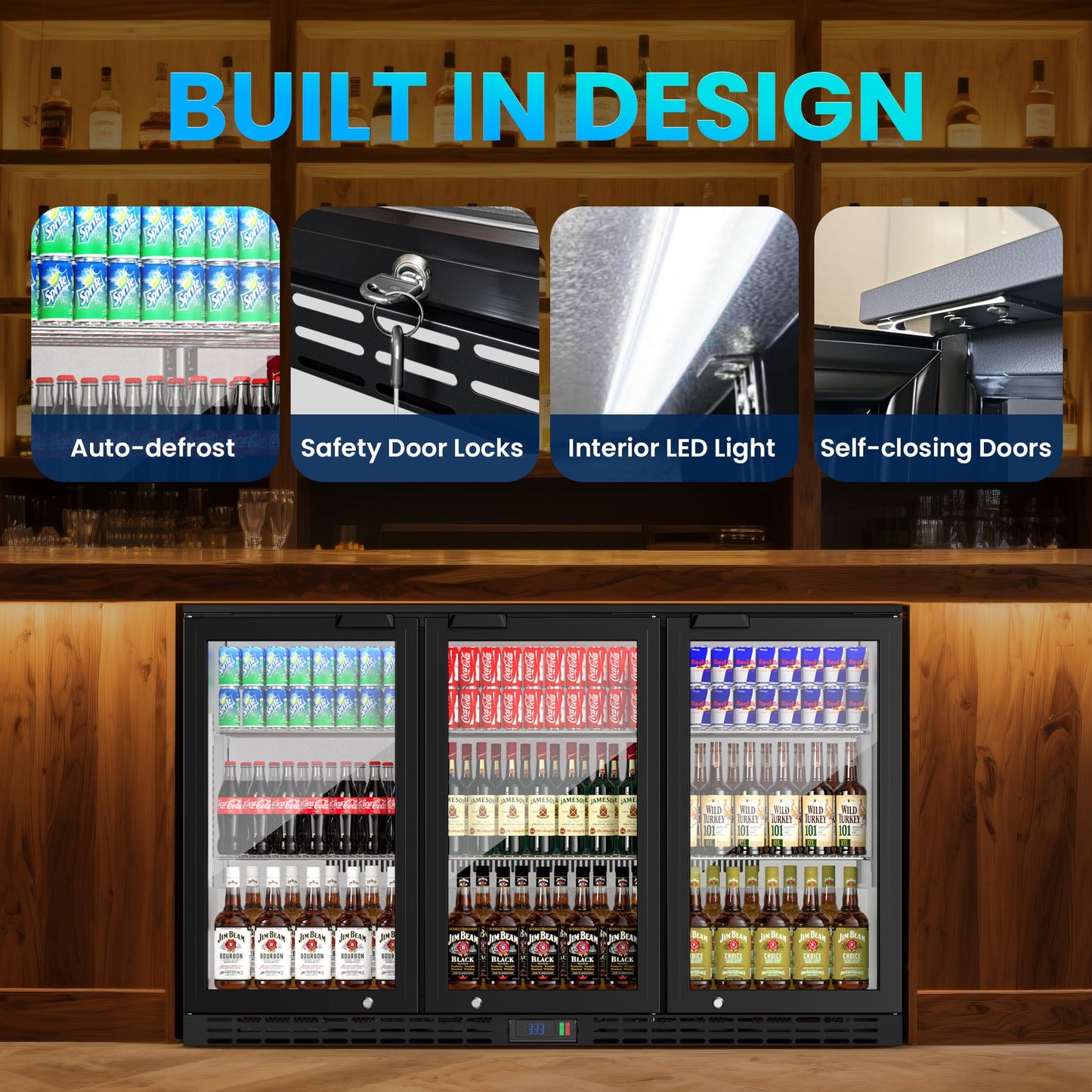 Coolake 53" Back Bar Cooler with 3 Glass Doors, 11.7 cu.ft Commercial Under Counter Height Beverage Refrigerator, Stainless Steel Beer Fridge with LED Lighting for Soda Drinks, Beer, Wine