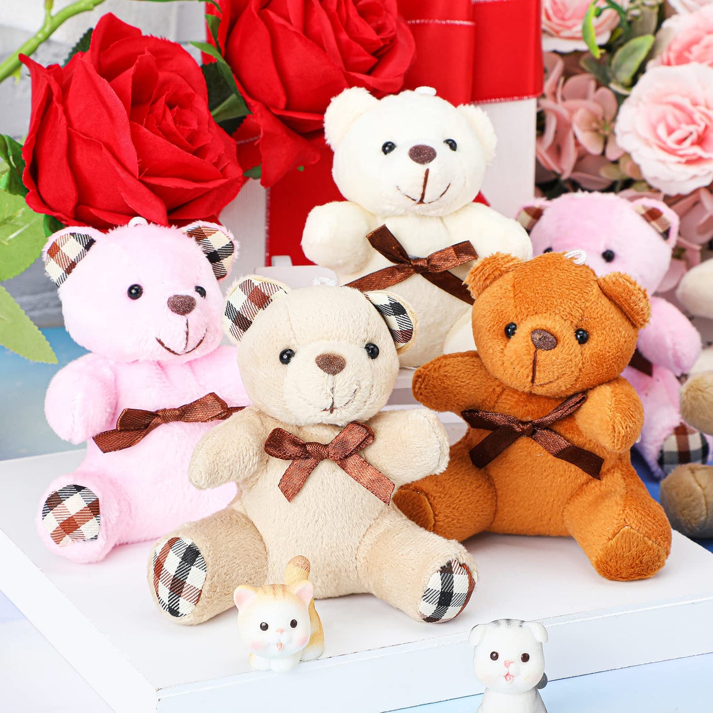 Skylety 16 Pcs Mini Plush Bear Bulk 4 Inch Bear Stuffed Animal Toy Doll Small Soft Keychain Gifts for Birthday Baby Shower Wedding Party Favor(Light Brown, Dark Brown, Pink, Beige)