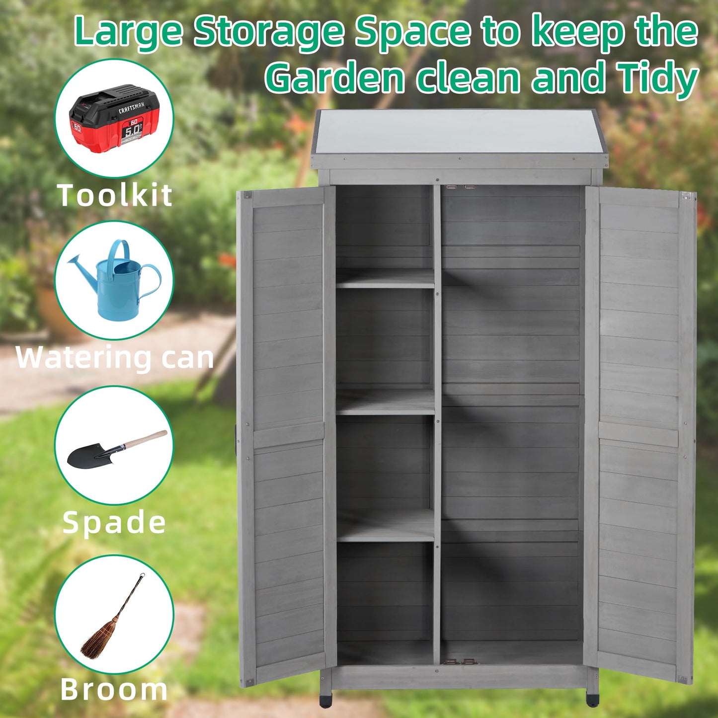 Ball & Cast 68" Garden Shed Tool Shed with Metal Top and Adjustable Protective Footpad,X-Shape Design Outdoor Cedar Wood Storage Cabinet W/Magnetic Door,Tall Shelter for Yard Patio,Gray