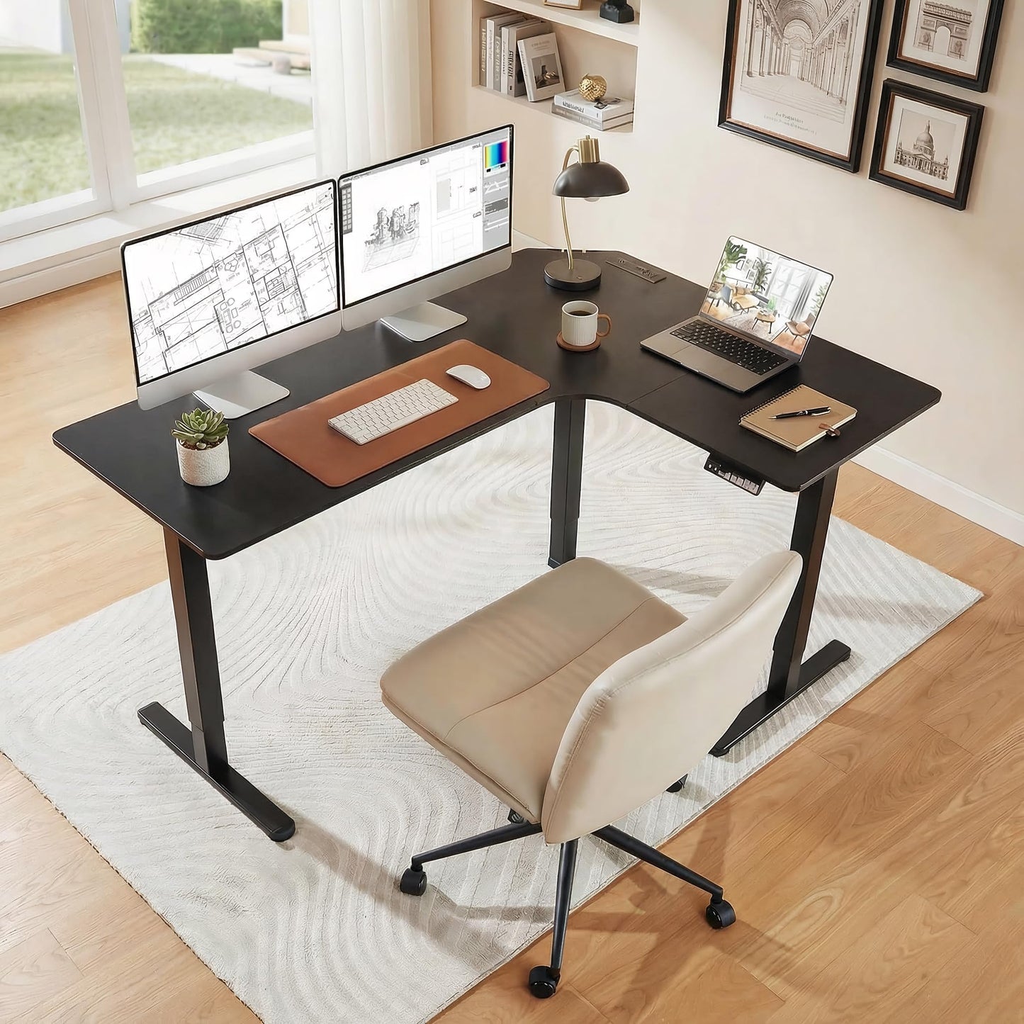 HUANUO 63″ Dual Motor L-Shaped Standing Desk, Built-in Power Outlets, Electric Height Adjustable Corner Computer Desk, Large Power Strip Holder, Sit Stand Up Desk with 3 Preset Heights, Black