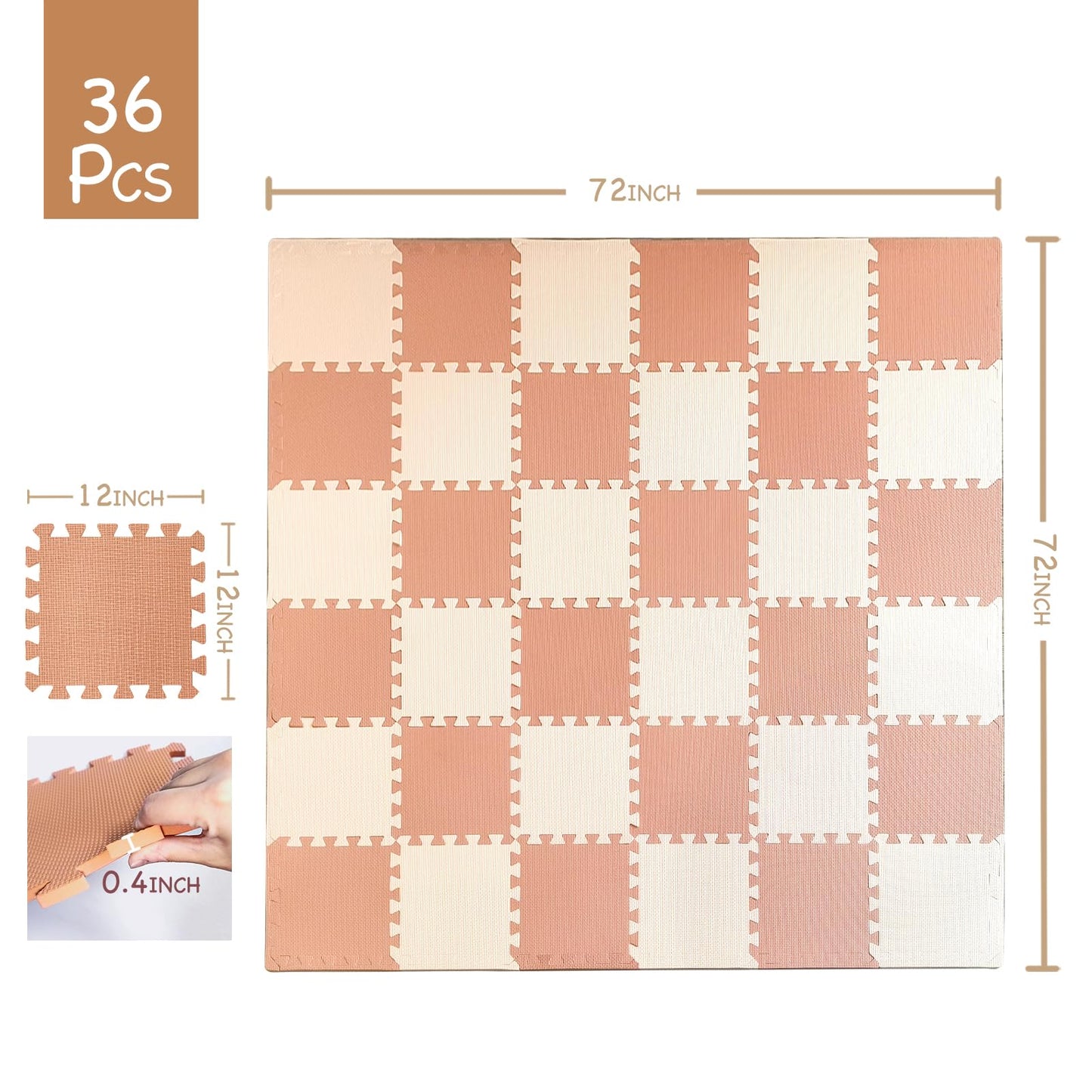 TCBunny Kids Soft EVA Foam Jigsaw Puzzle Play Mat, 36 Interlocking Tiles and Edges Baby Play Mat, for Kids Gym, Nursery, Playroom, Pet Mat, Total Floor Coverage 32 Sq Ft, Pink/Peach