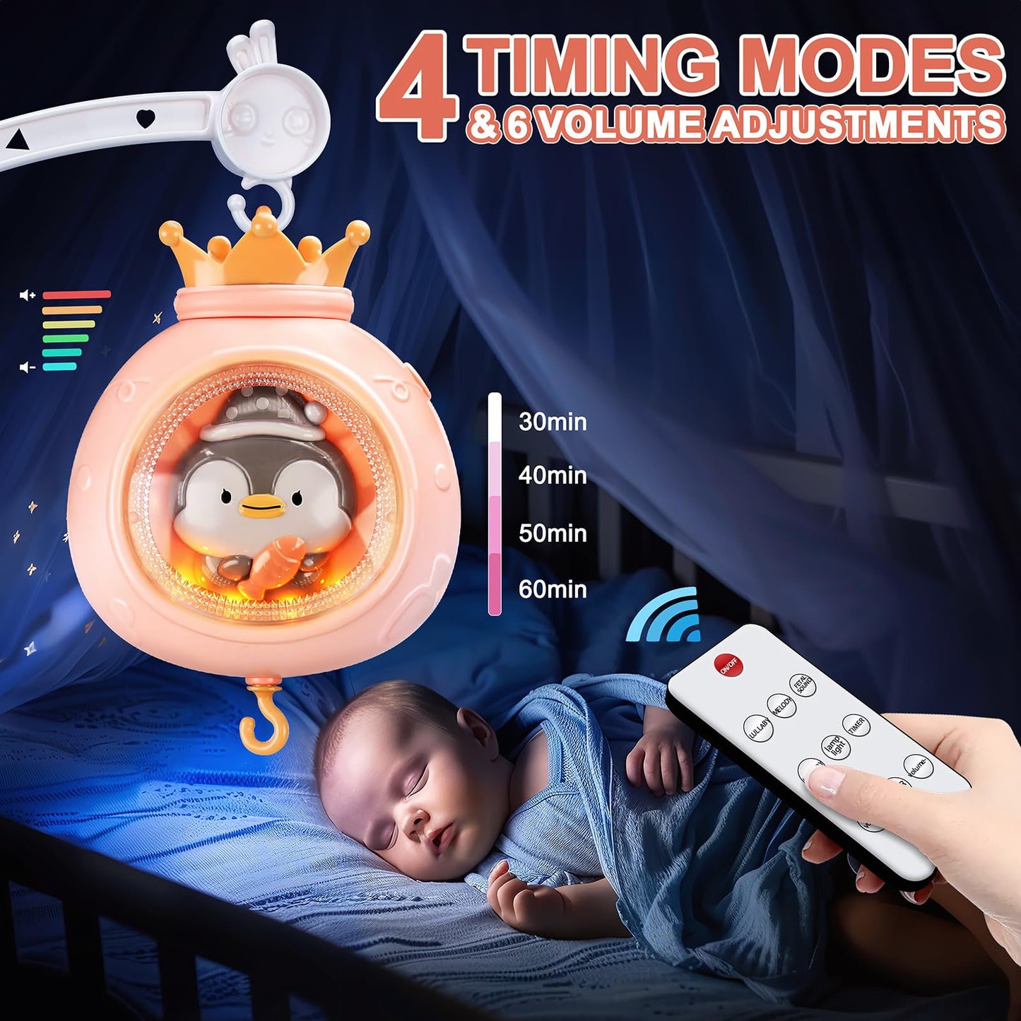 ZFSZSY Crib Mobile with Music and Lights,Mobiles for Cribs, Baby Mobile Arm Toys Hanging for Girls Boys Infants 0-6 6-12 Months, Bassinets Nursery Musical Portable Mobile Clip On Pack and Play(Pink)