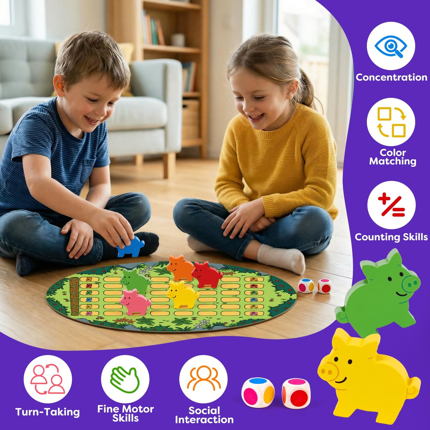 SkilLify Run Piggy Cooperative Board Game, Adorable Family Dice Game for Kids Ages 3-7, Color Matching Board Game, Preschool Learning Toy, 2-6 Players