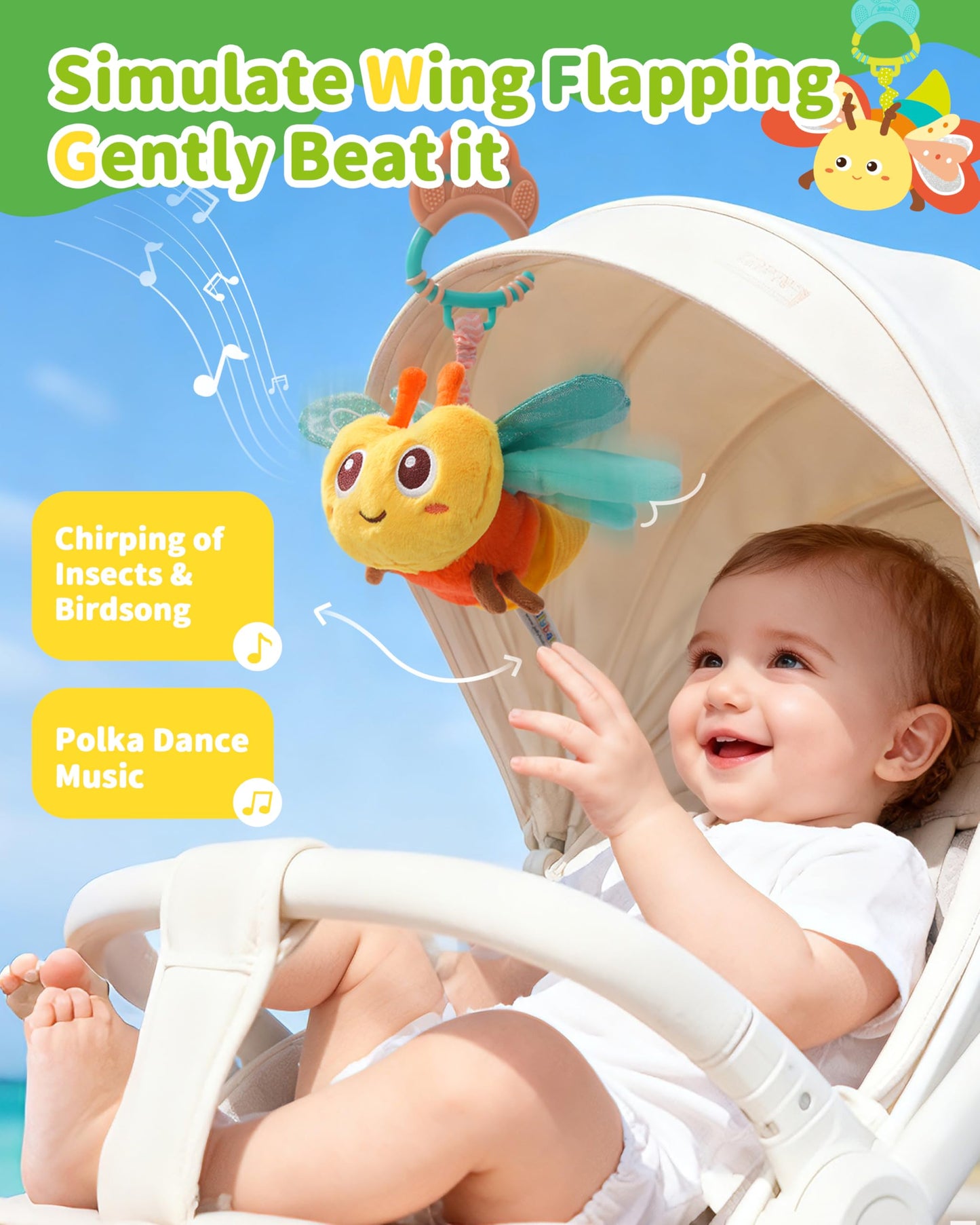 Jollybaby Musical Flying Bee Toy - Car Seat, Stroller, Crib & Play Gym Hanging Toys for Baby 0-6-12-24 Months, Tummy Time Sensory Music Toy for Infant Boys and Girls Gifts