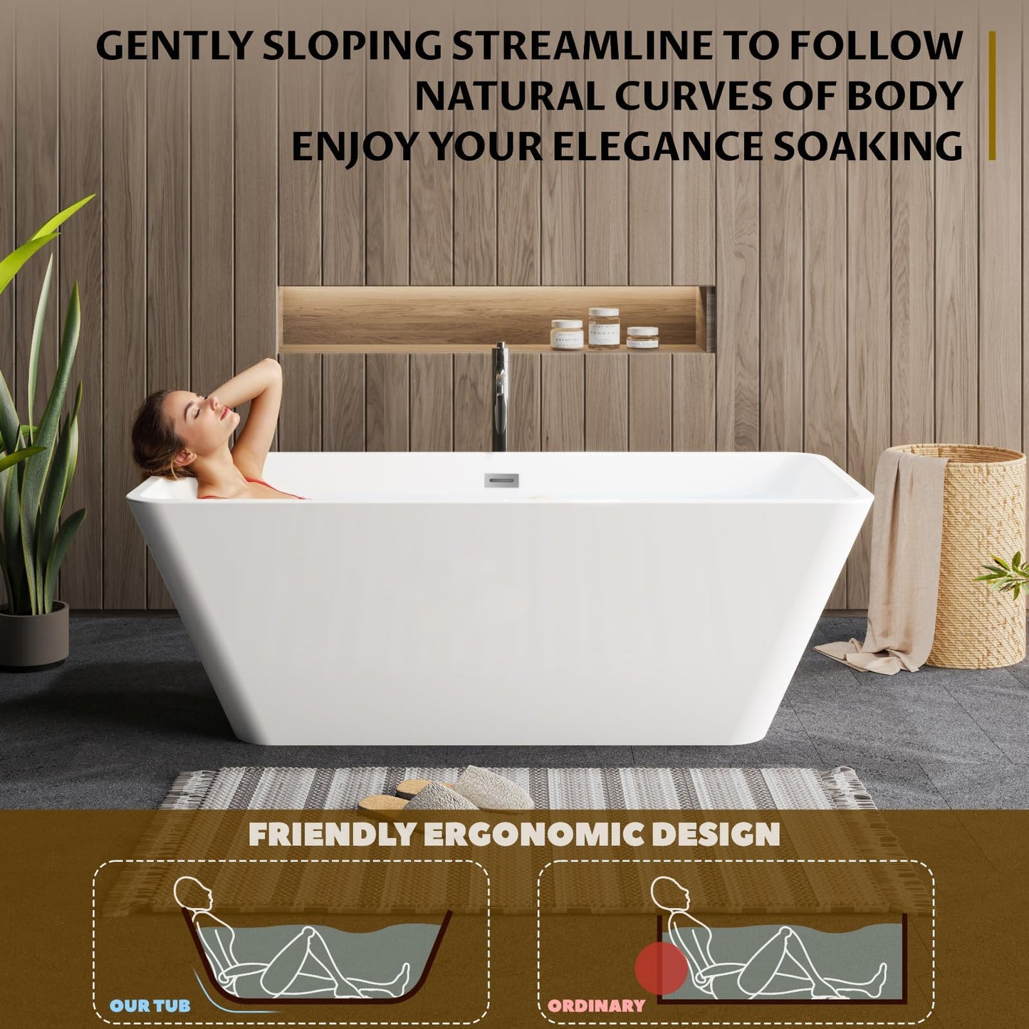 66 Inch Freestanding Bathtub, Acrylic Deep Soak Tub, Glossy White, Easy Install with Overflow & Drain