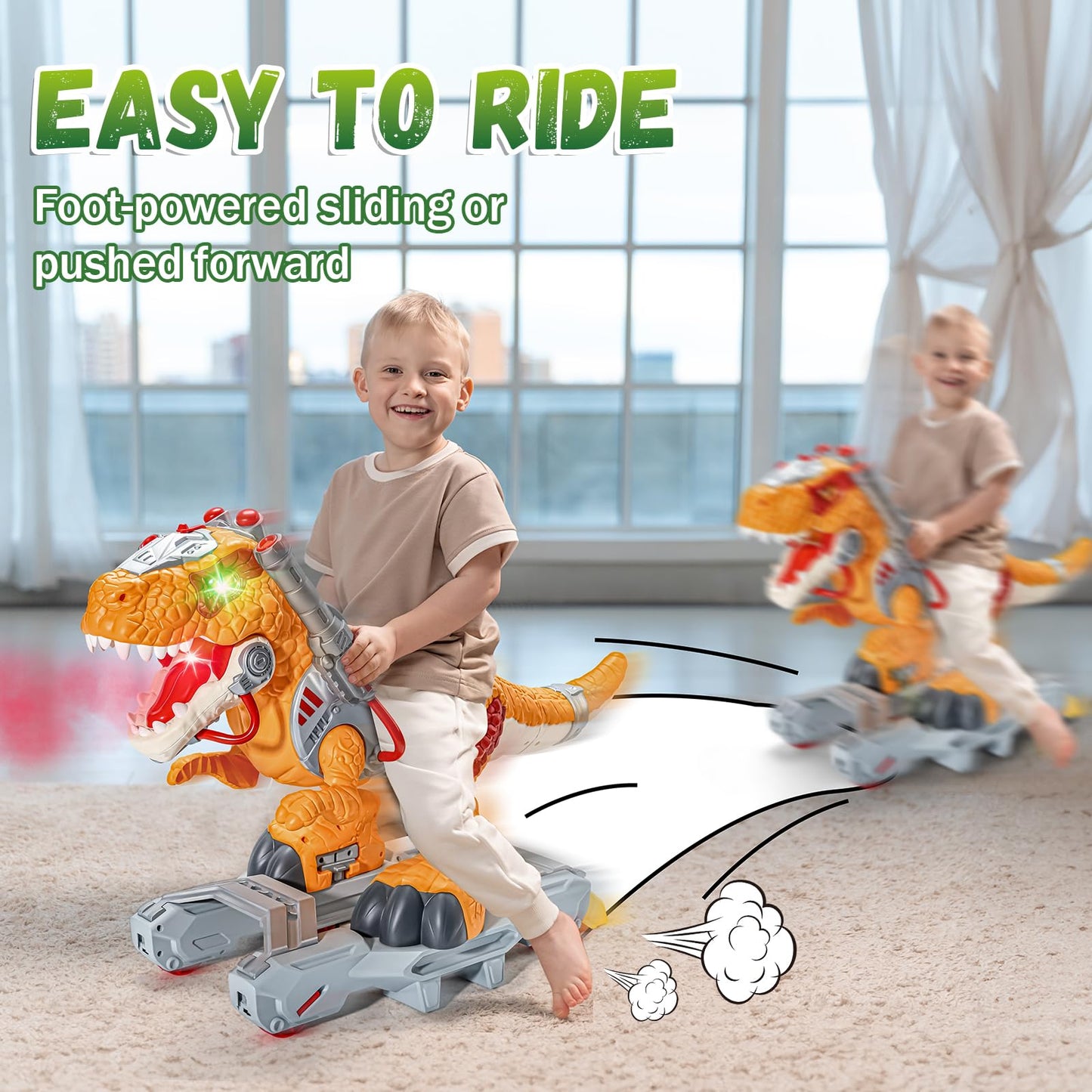 Dinosaur Ride On Toy Cars for Kids, Toddler Electric Ride On Toys with Music, Light & Smoke, 3-5 Year Old boy Gift, Preschool Kids Scooter Foot-to-Floor Walker for Indoor Outdoor