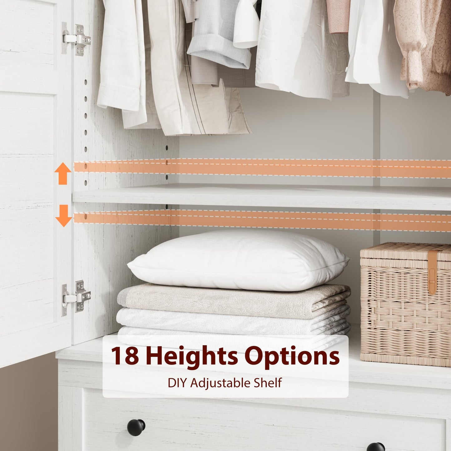 GarveeHome Armoire Wardrobe Closet with 2 Drawers,72 in Wooden Wardrobe Cabinet with Hanging Rod, Tall Clothing Armoire Cabinet with Doors and 18 Adjustable Shelves for Bedroom, Clothes, Rustic White