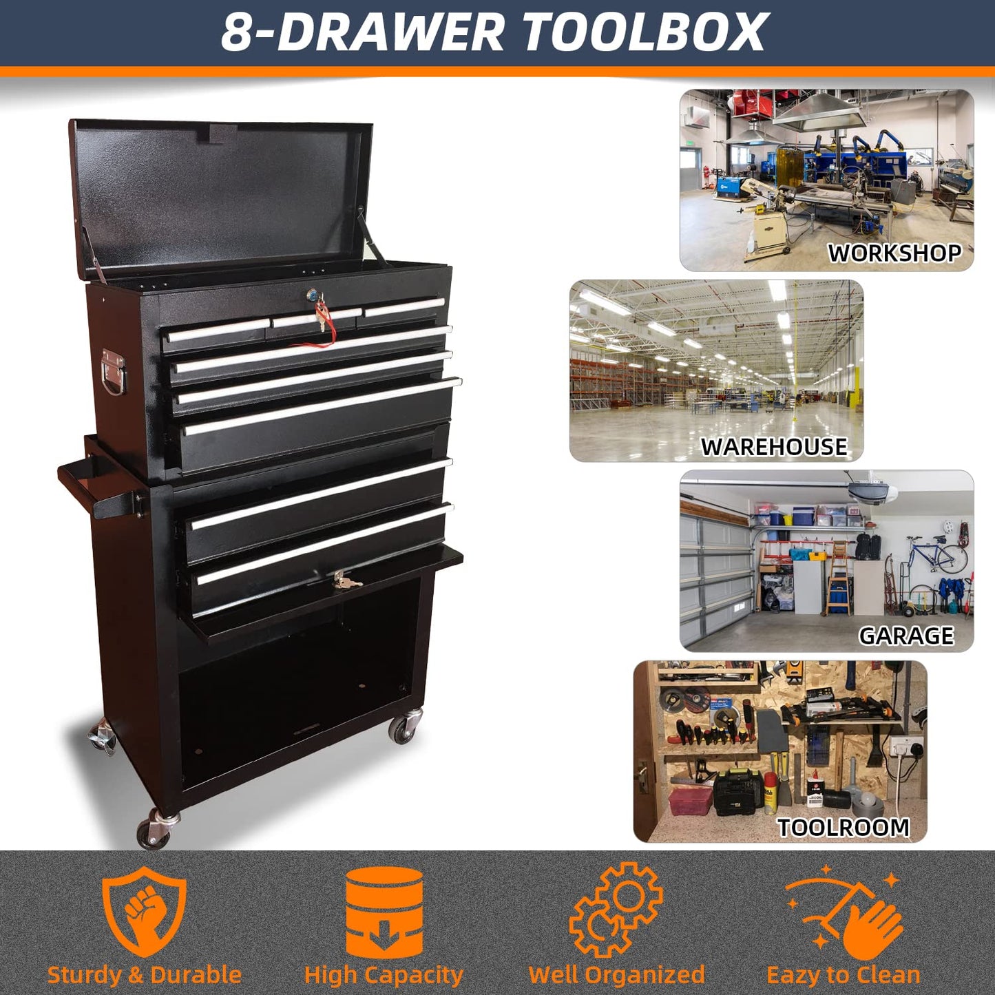 DUSACOM 8-Drawer High Capacity Rolling Tool Chest with Wheels, Big Tool Storage Removable Tool Box Combo, Tool Storage Cabinet