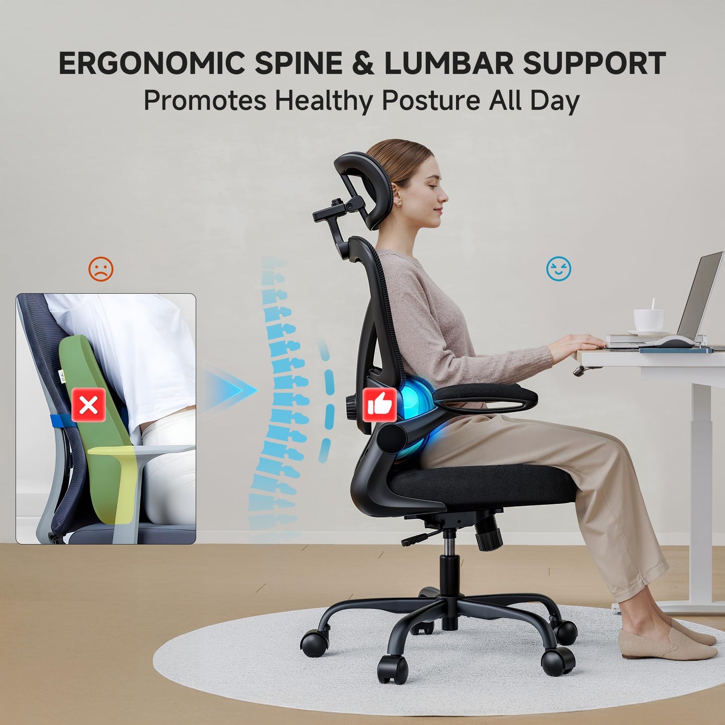 PKPT Ergonomic Office Chair, 330LBS Desk Chair with 3-Level Lumbar Support & Headrest, Breathable Mesh Backrest, Flip-Up Armrests for Home Office and Gaming, Black