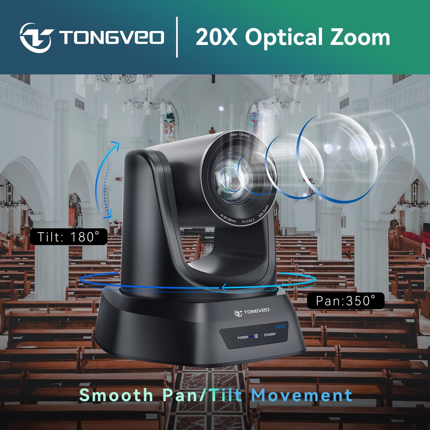 TONGVEO 4K AI PTZ Camera with Auto Tracking and 20X Optical Zoom, Conference Room Webcam with HDMI/USB3.0/LAN/PoE, Ideal for Church Worship, Zoom Meetings, Live Streaming and Education