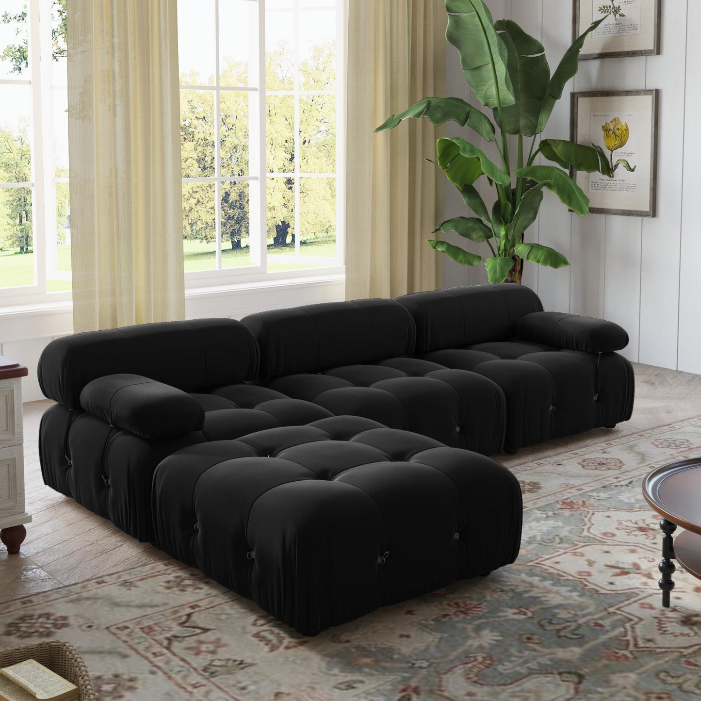 WJShome Modular Sectional Sofa with Ottoman,103.95 inch Convertible Sofa Couch with Reversible Chaise,Velvet L Shaped Minimalist Couch for Living Room, Modern Large Free Combination,Black