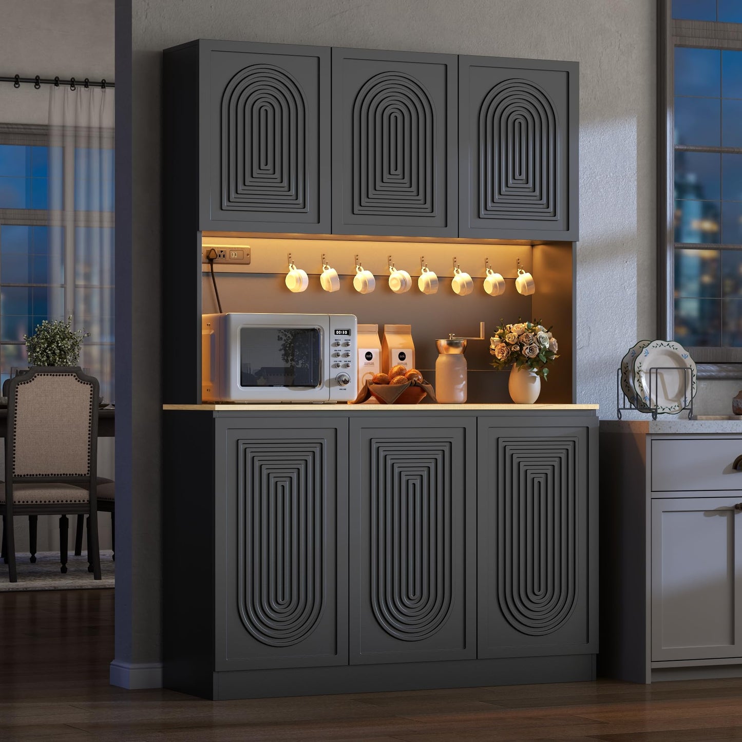 71" Black Kitchen Pantry with Power Outlet & LED Light, Large Kitchen Hutch Cabinet with Adjustable Shelf, Modern Buffet Cabinet with 6 Doors, Food Pantry Storage for Dining Room (Black 6 Doors)