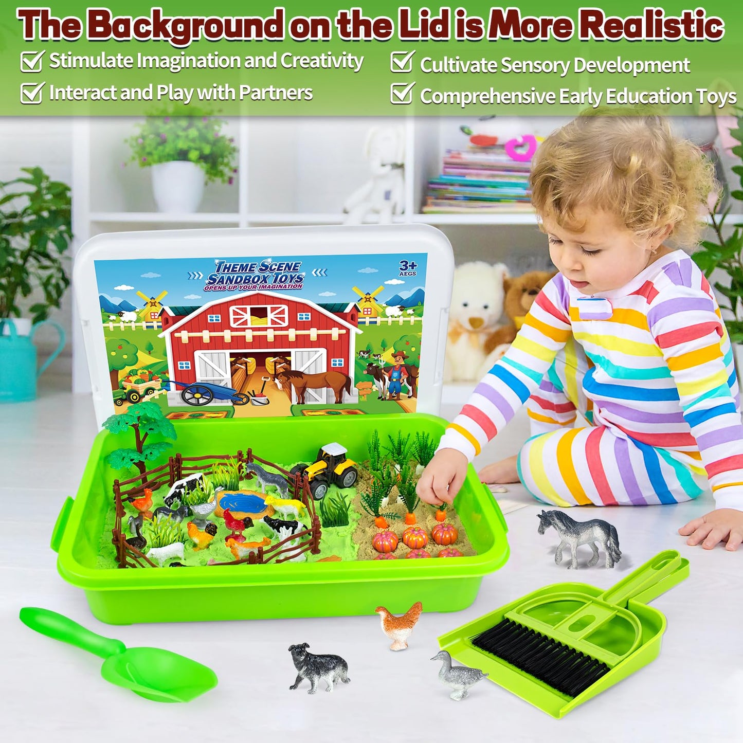 Bloolilies Sensory Bin, 59 Pcs Farm Sensory Sand Box Kits with Sandbox & Farm Animals & Tractor Playset, Play Sand Art Kit Magic Sand Toys for Boys Girls Toddlers Birthday Gift for Kids