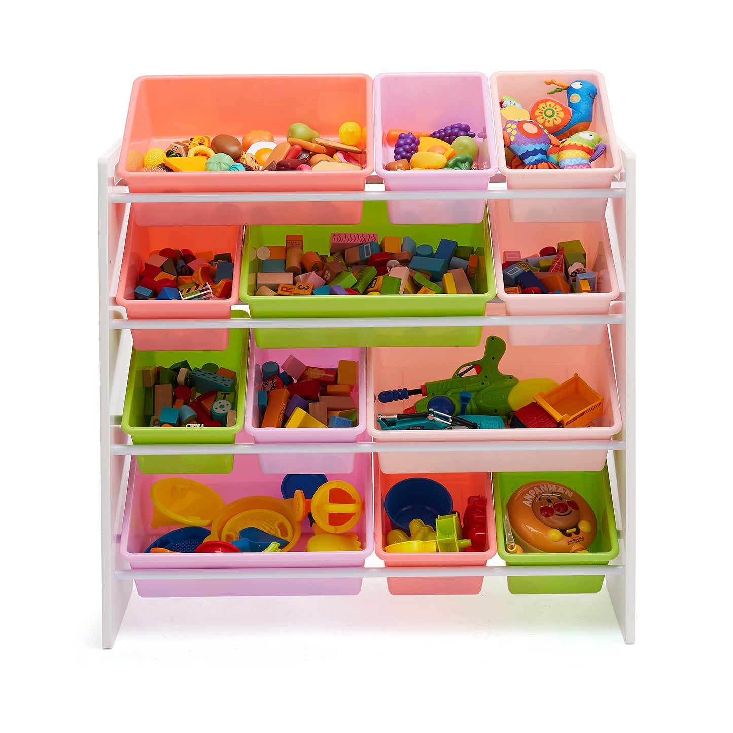 Amazon Basics Kids Toy Storage Organizer with 12 Plastic Bins, White Wood with Pink Bins, for Bedroom and Playroom, 33.85"D x 12.79"W x 35.42"H