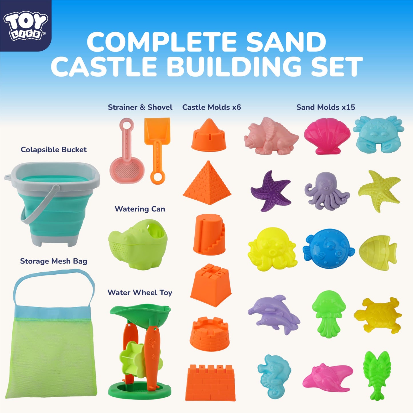 TOY Life 32 Pcs Ocean Beach Toys for Kids Ages 4-8 Collapsible Sand Toys with Water Wheel Watering Can Silicone Bucket Sand Castle Building Kit Travel Sandbox Toy for Party Fishing Summer Toys