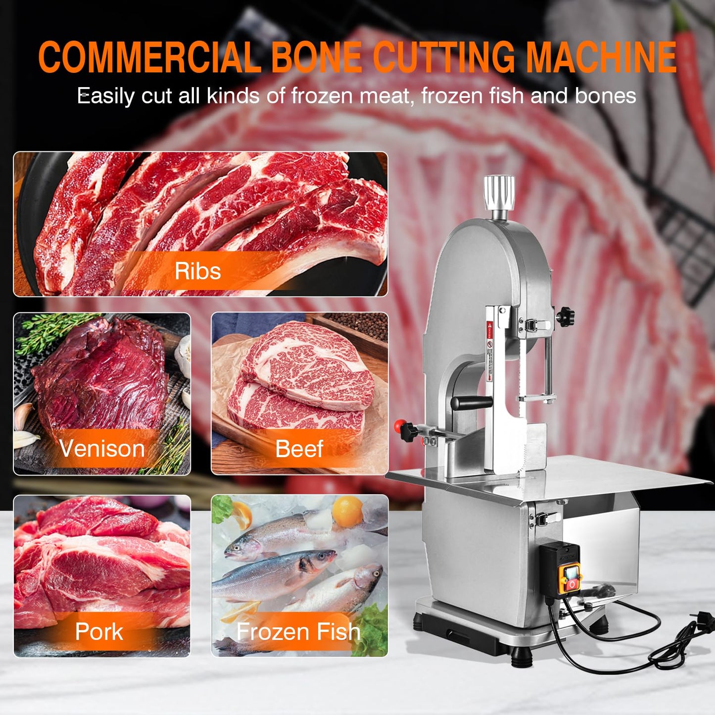 1100W Electric Bone Saw Machine Commercial Electric Meat Bandsaw for Butchering, 18.8" x 14.9" Workbench, 0.4-7.1 Inch Cutting Thickness, Table Sawing for Cutting Rib, Frozen Meat with 5 Saw Blades