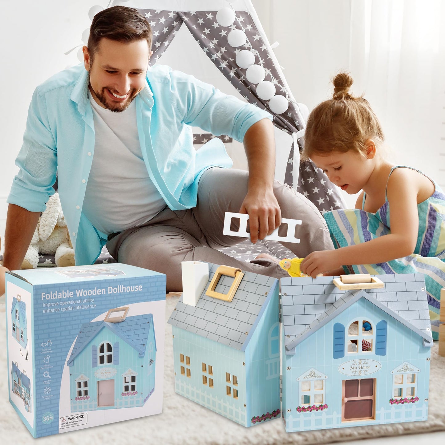 WOODMAM Foldable Wooden Dollhouse with 2 Dolls & Pet Set, 20PCS Furniture Wooden Doll House for Girls Age 3-6, Portable Pretend Play Toy, Christmas Birthday Gift for Toddlers