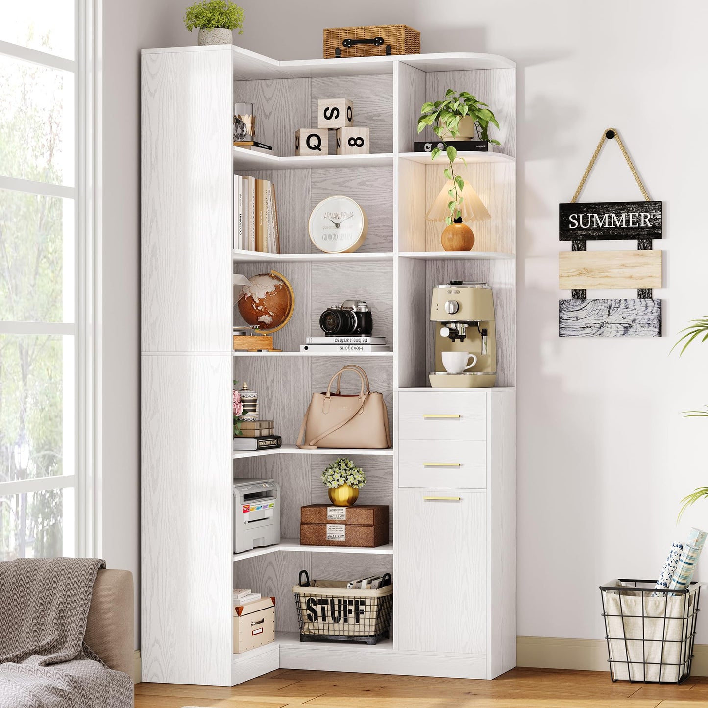 IRONCK Corner Bookshelf, 76" Tall Corner Bookshelves, 6 Tiers L-Shaped Bookcase with 10 Open Shelves and 2 Storage Drawers for Living Room or Home Office