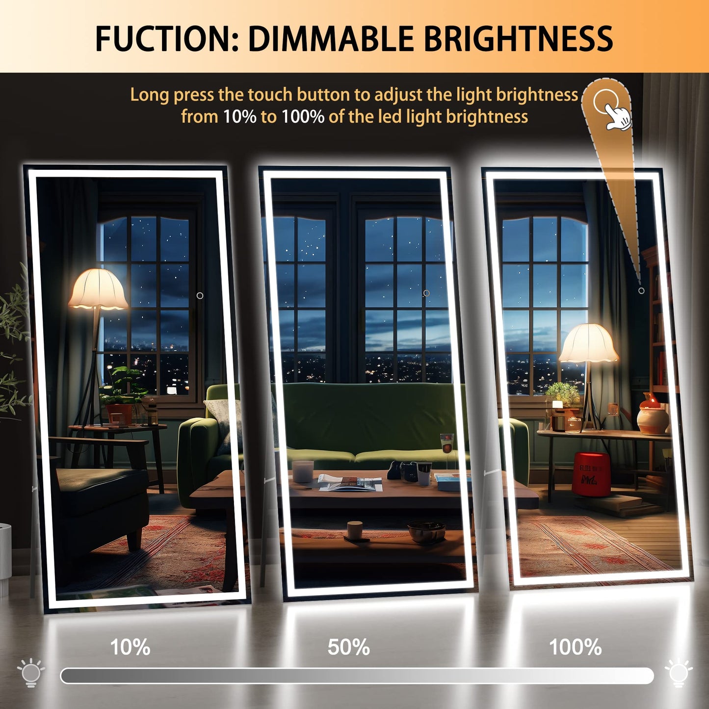 Hasipu Full Length Mirror with Lights, 95" x 40" LED Lighted Floor Standing Mirror, Full Body Dressing Hanging Mounted Mirrors, Dimmable, Tempered Glass, Safe to Use, Square Black