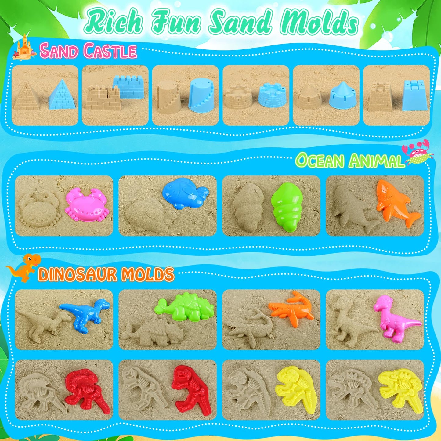 Beach Toys, 36Pcs Dinosaur Sand Toys for Kids Toddlers, Sandbox Toys with 2 Truck, Collapsible Beach Bucket, Mesh Bag, Sand Molds, Sand Castle Building Kit, Travel Beach Toy for Kids Toddlers Ages3-12