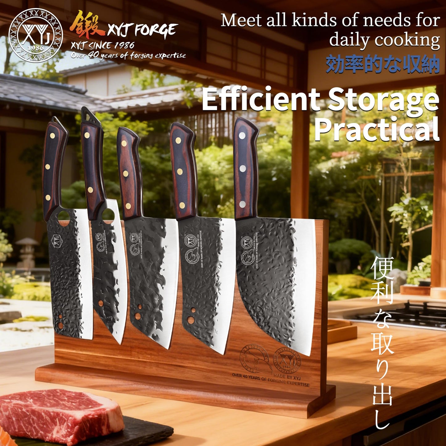 XYJ 9PCS Kitchen Knives Set with Magnetic Knife Block,Honing Steel,Scissors,Cutting Board,Gloves,High Carbon Steel Blades,Knife Block Set,Full Tang,Wood Handle,Bread Cleaver Butcher Knives