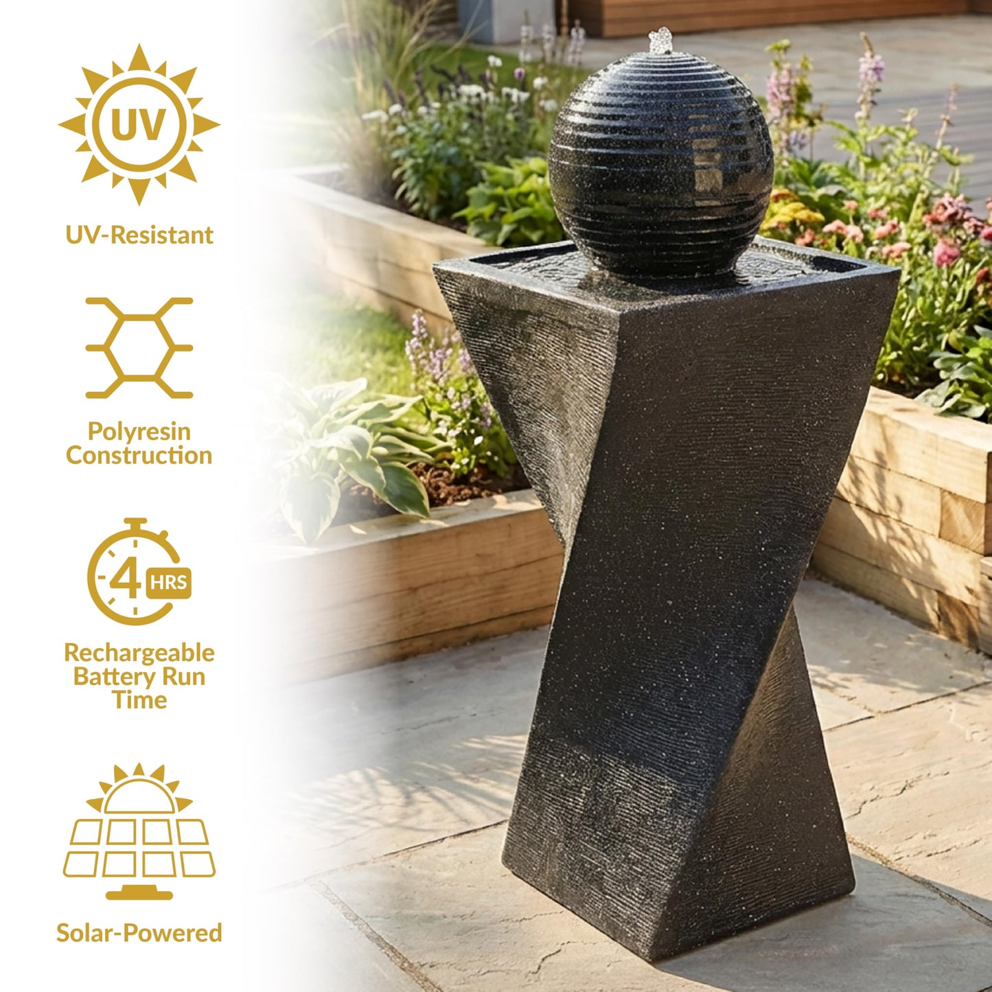 Sunnydaze 32-Inch Outdoor Solar Water Fountain - Backyard Water Fountain with Solar Battery Backup and LED Light for Garden, Patio, Yard or Balcony