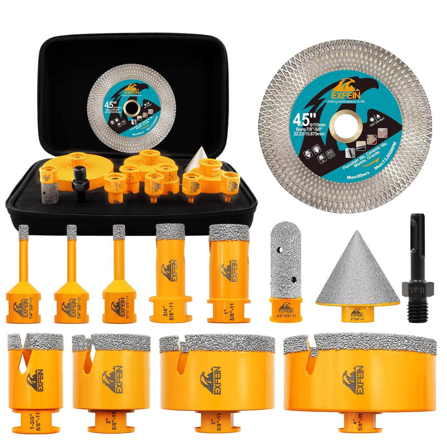 EXFEIN Tile Hole Saw Kit 13pcs - 6/6/8/19/25/35/50/75/102mm Diamond Core Drill Bits, 4/5 Inch Milling Bit + 2 Inch Chamfer Bit + Adapter + 4.5 Inch Grinding & Cutting Disc for Tile Marble Granite