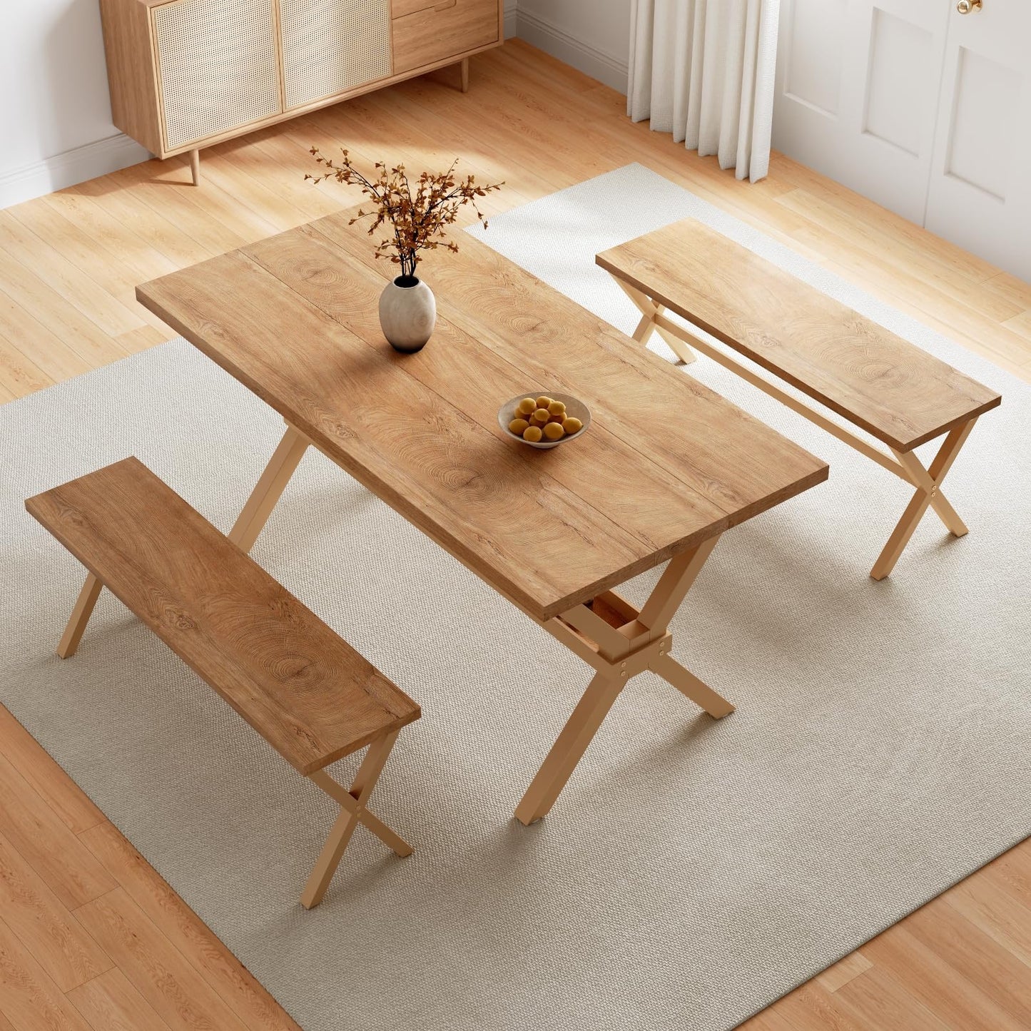HIPIHOM 63" Dining Table Set with 2 Dining Benches for 4, Scratch Resistance MDF Kitchen Table with Sturdy Metal Legs, Small Dining Table Sets for 4 for Family Gatherings